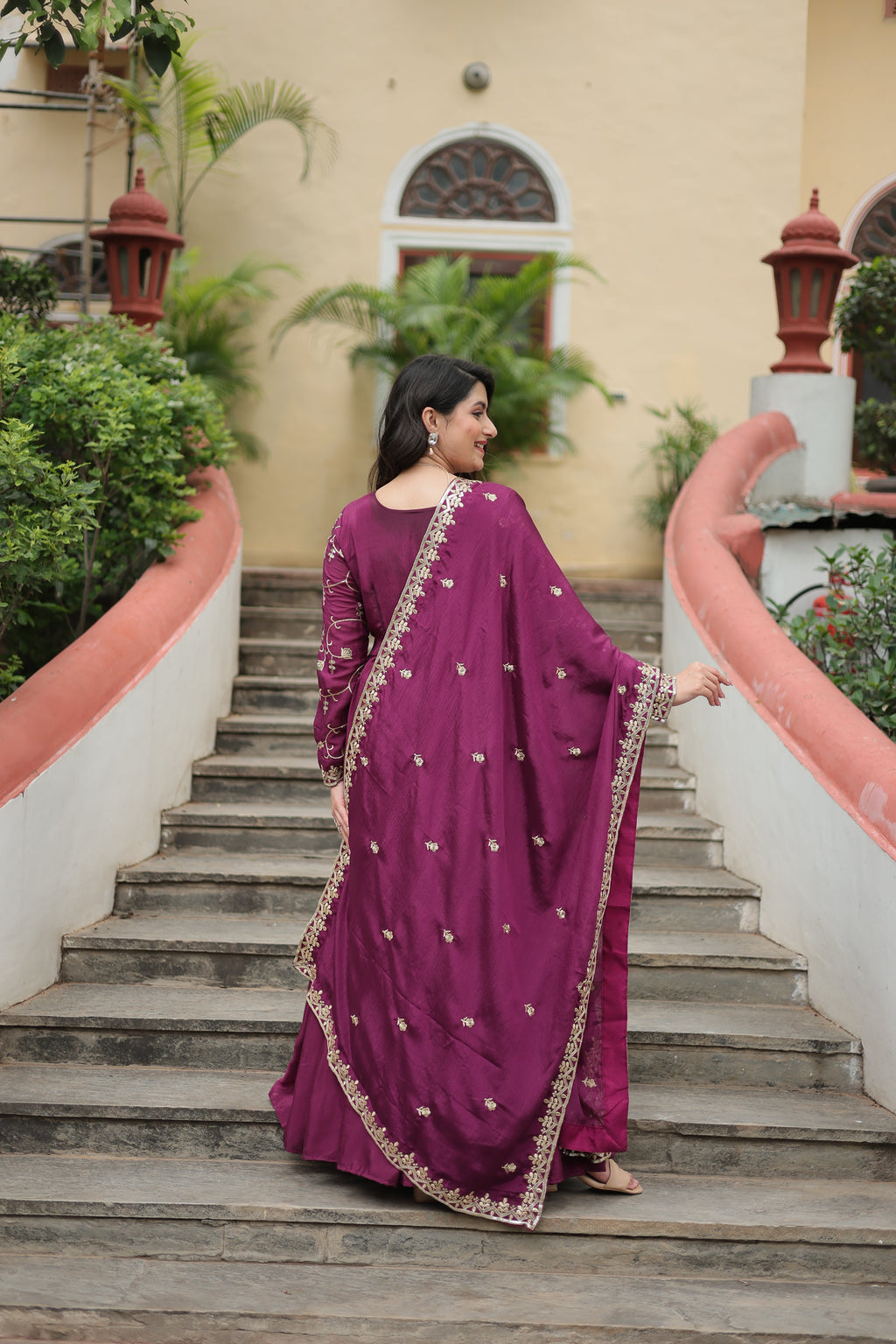 Wine Designer Readymade Top-Sharara-Dupatta Sequins Embroidered Chinon Suit