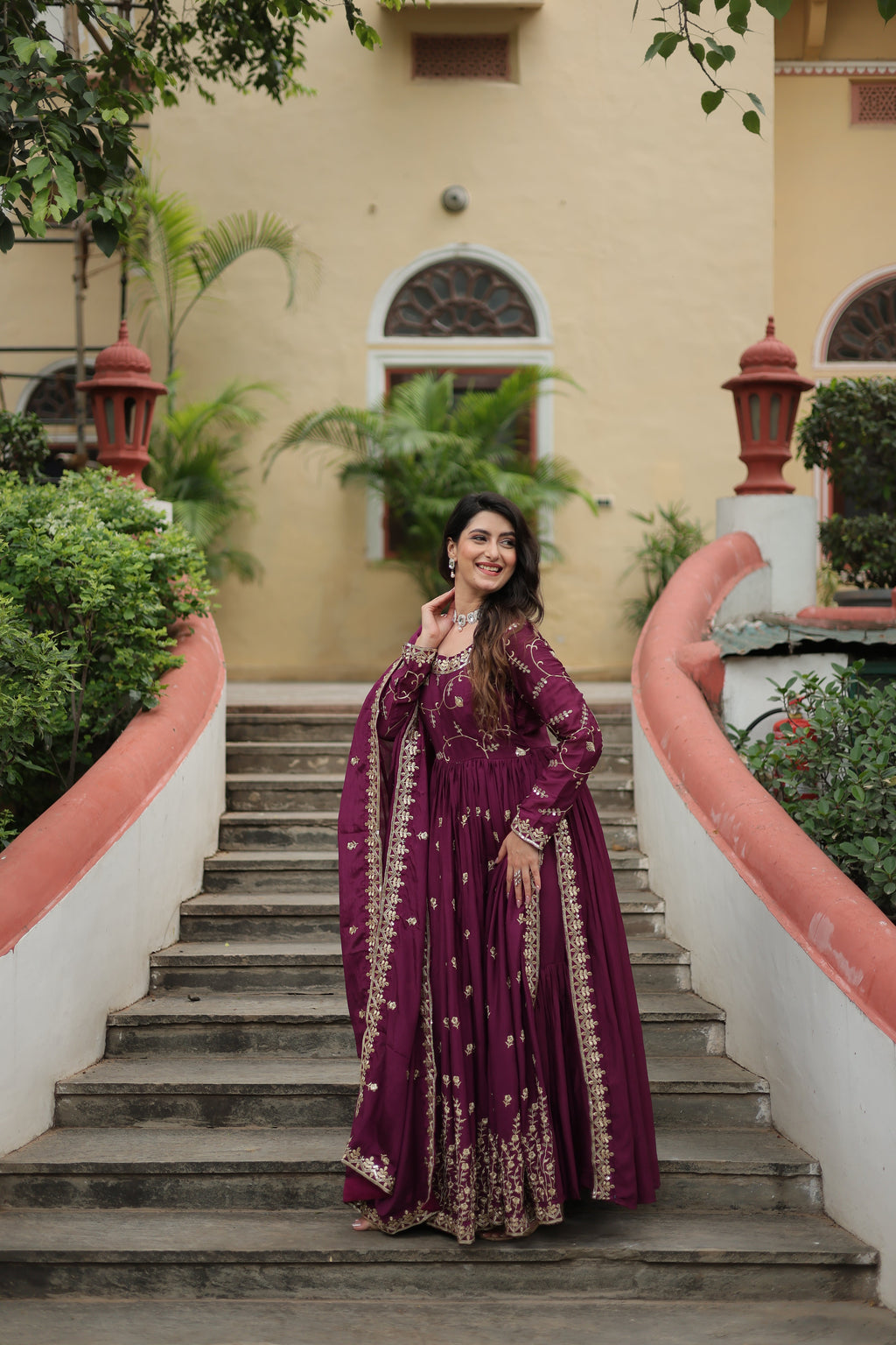 Wine Designer Readymade Top-Sharara-Dupatta Sequins Embroidered Chinon Suit