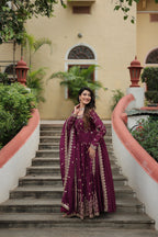 Wine Designer Readymade Top-Sharara-Dupatta Sequins Embroidered Chinon Suit