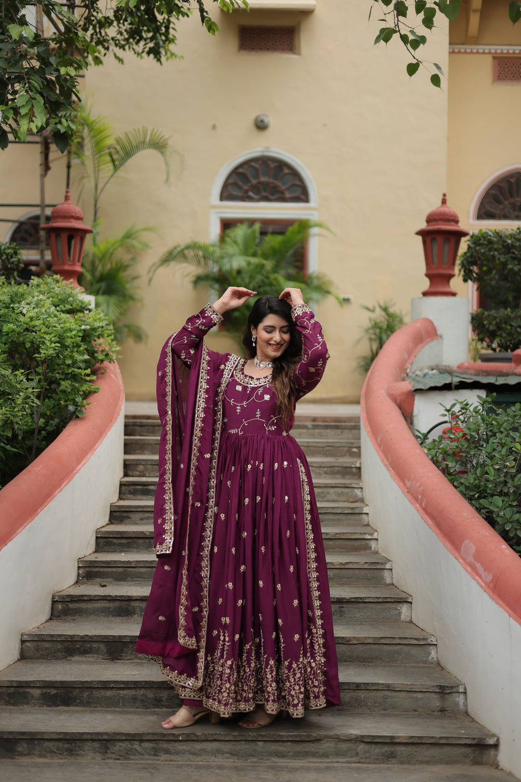 Wine Designer Readymade Top-Sharara-Dupatta Sequins Embroidered Chinon Suit