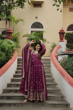 Wine Designer Readymade Top-Sharara-Dupatta Sequins Embroidered Chinon Suit