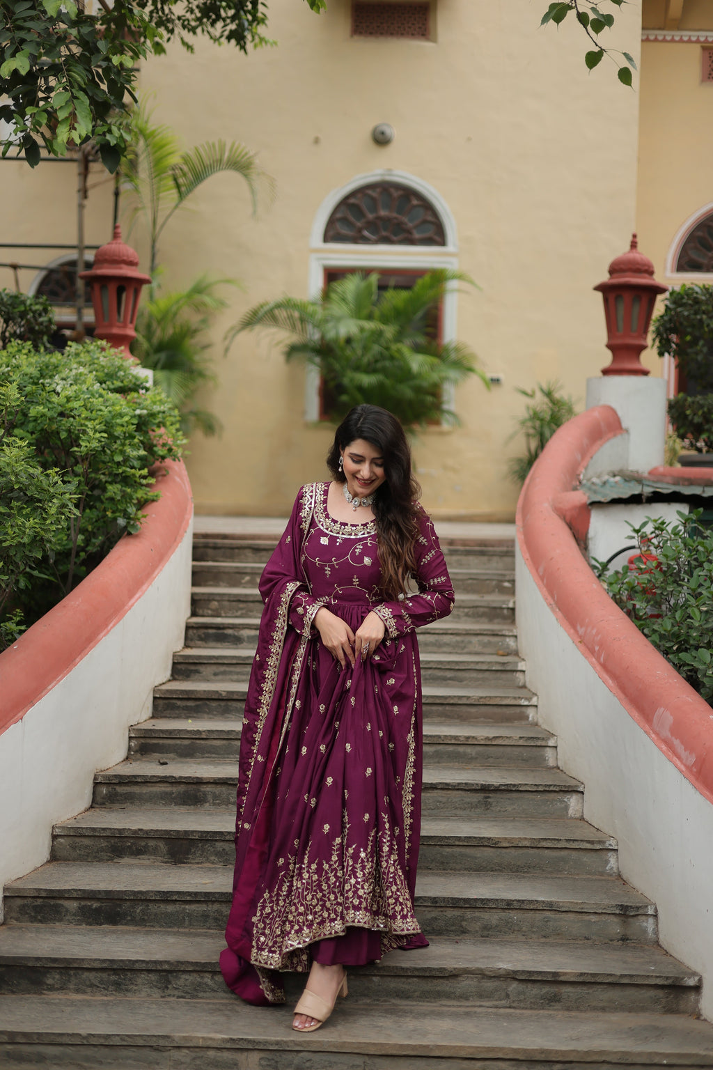 Wine Designer Readymade Top-Sharara-Dupatta Sequins Embroidered Chinon Suit