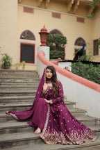 Wine Designer Readymade Top-Sharara-Dupatta Sequins Embroidered Chinon Suit