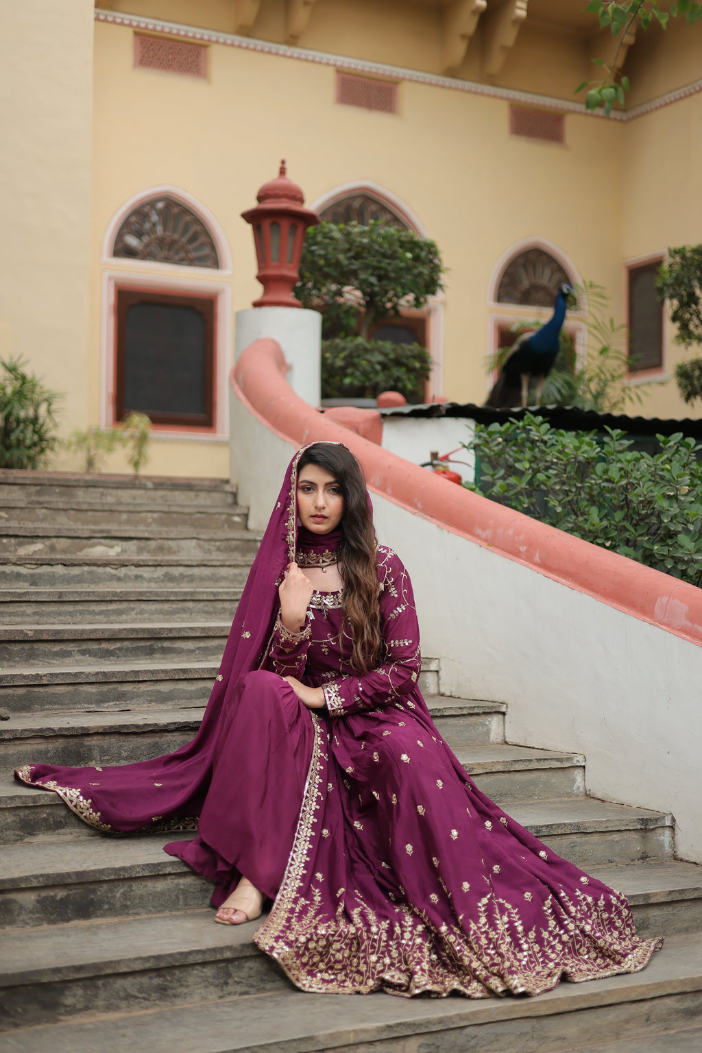 Wine Designer Readymade Top-Sharara-Dupatta Sequins Embroidered Chinon Suit
