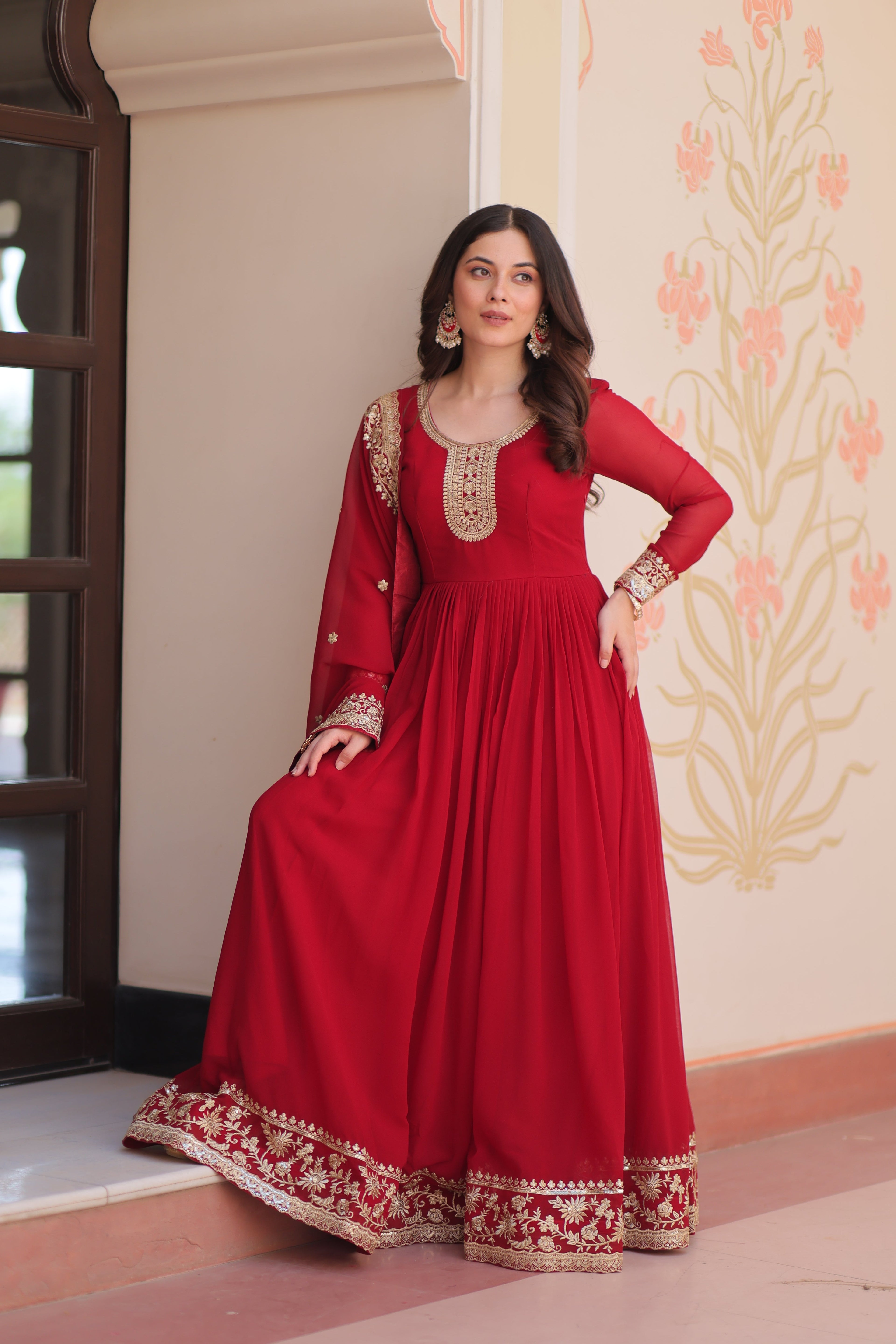 Women Maroon Embellished Anarkali Dress Designer Gown for Women | Evening Gown