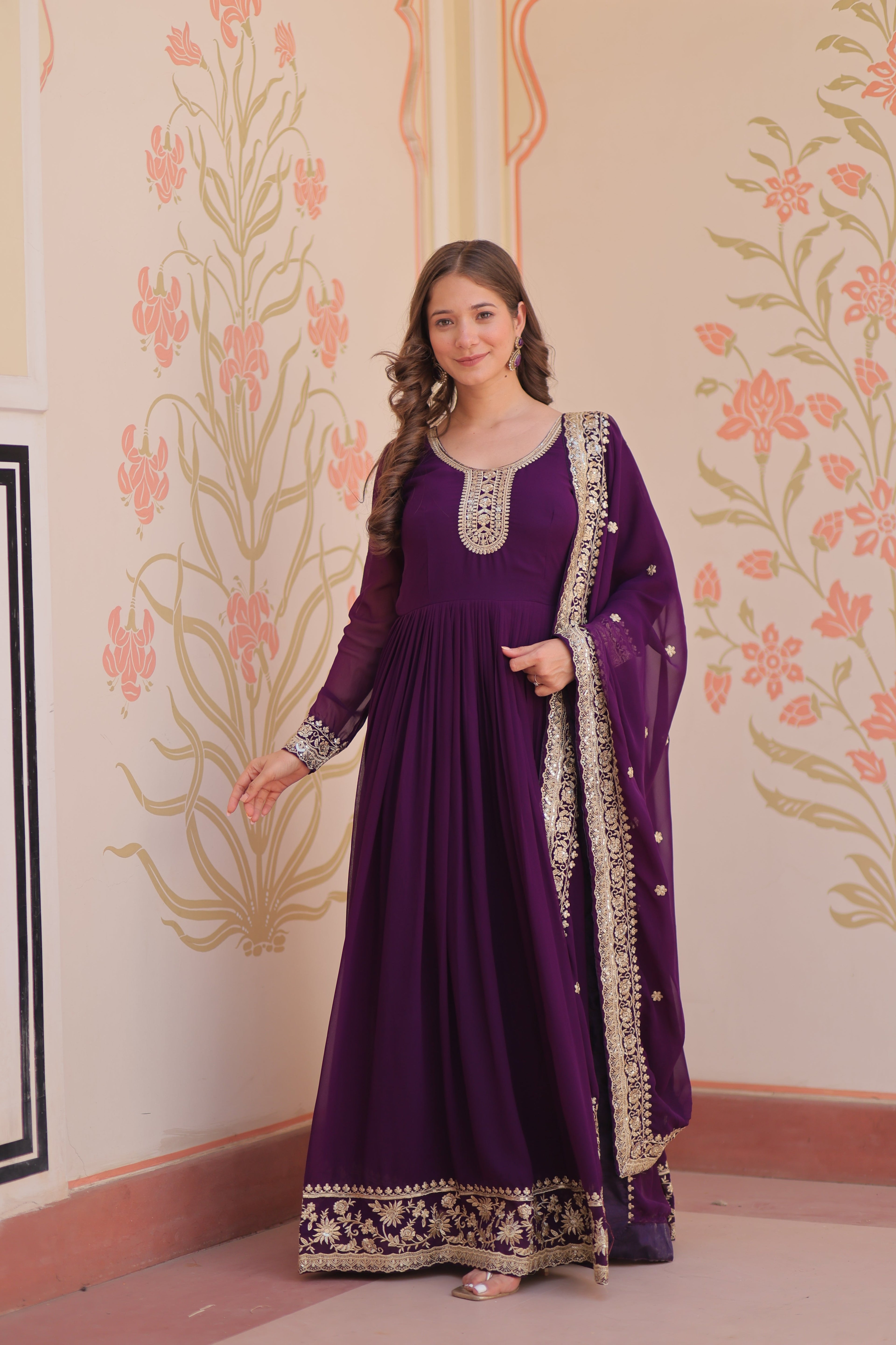 Women Purple Embellished Anarkali Dress Designer Gown for Women | Evening Gown