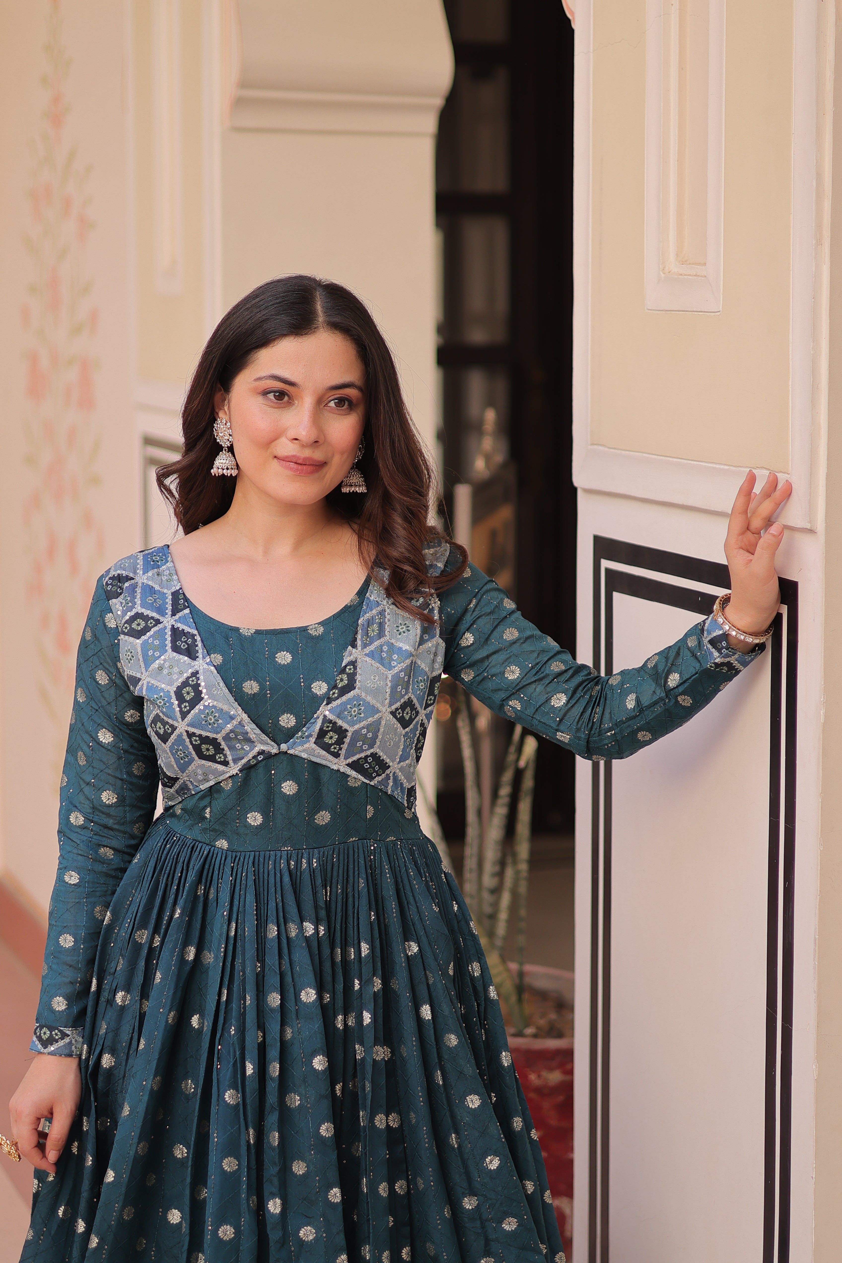 Premium Readymade Gown with Position Print Choli Design With Staple Jequard
