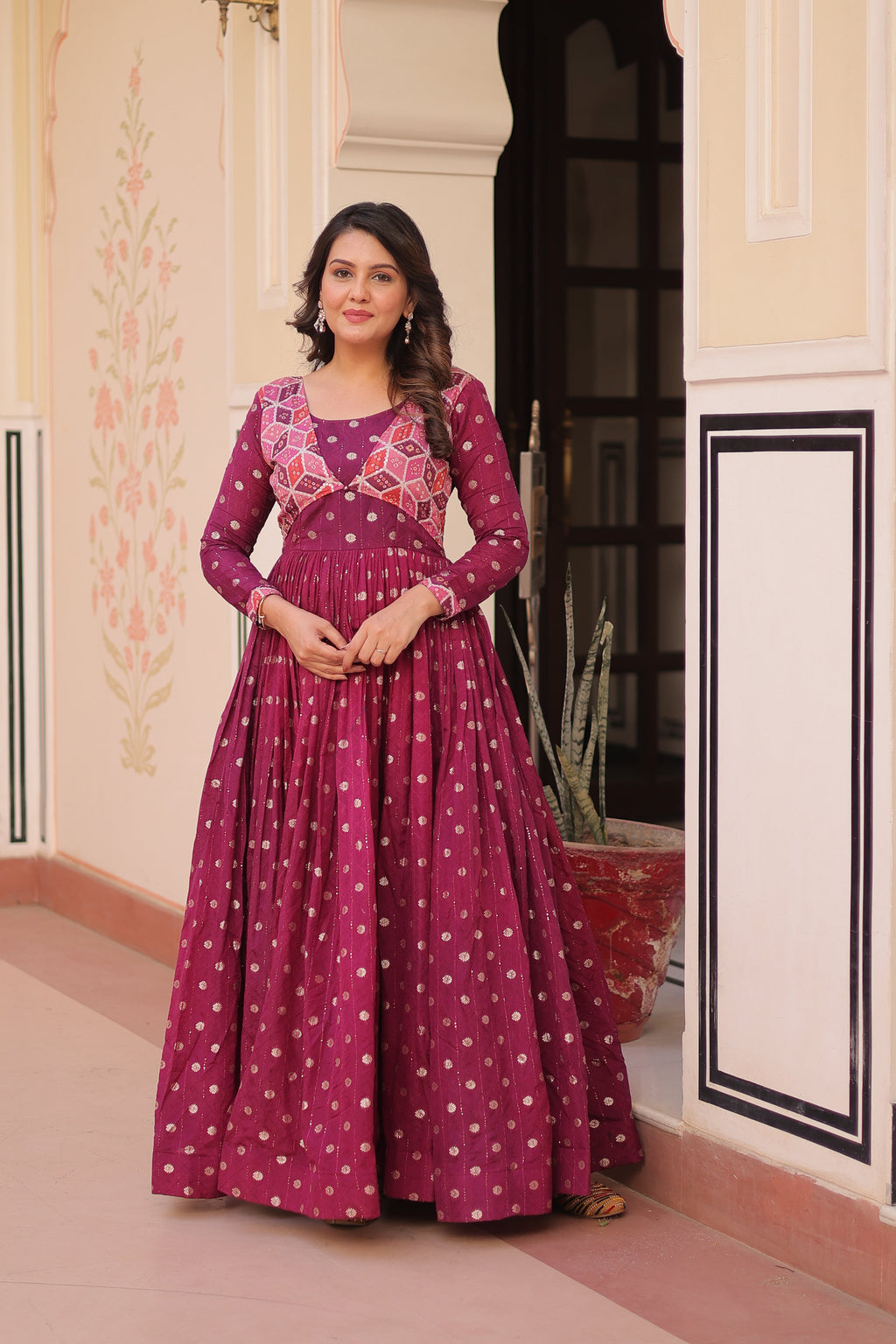 Premium Readymade Gown with Position Print Choli Design With Staple Jequard