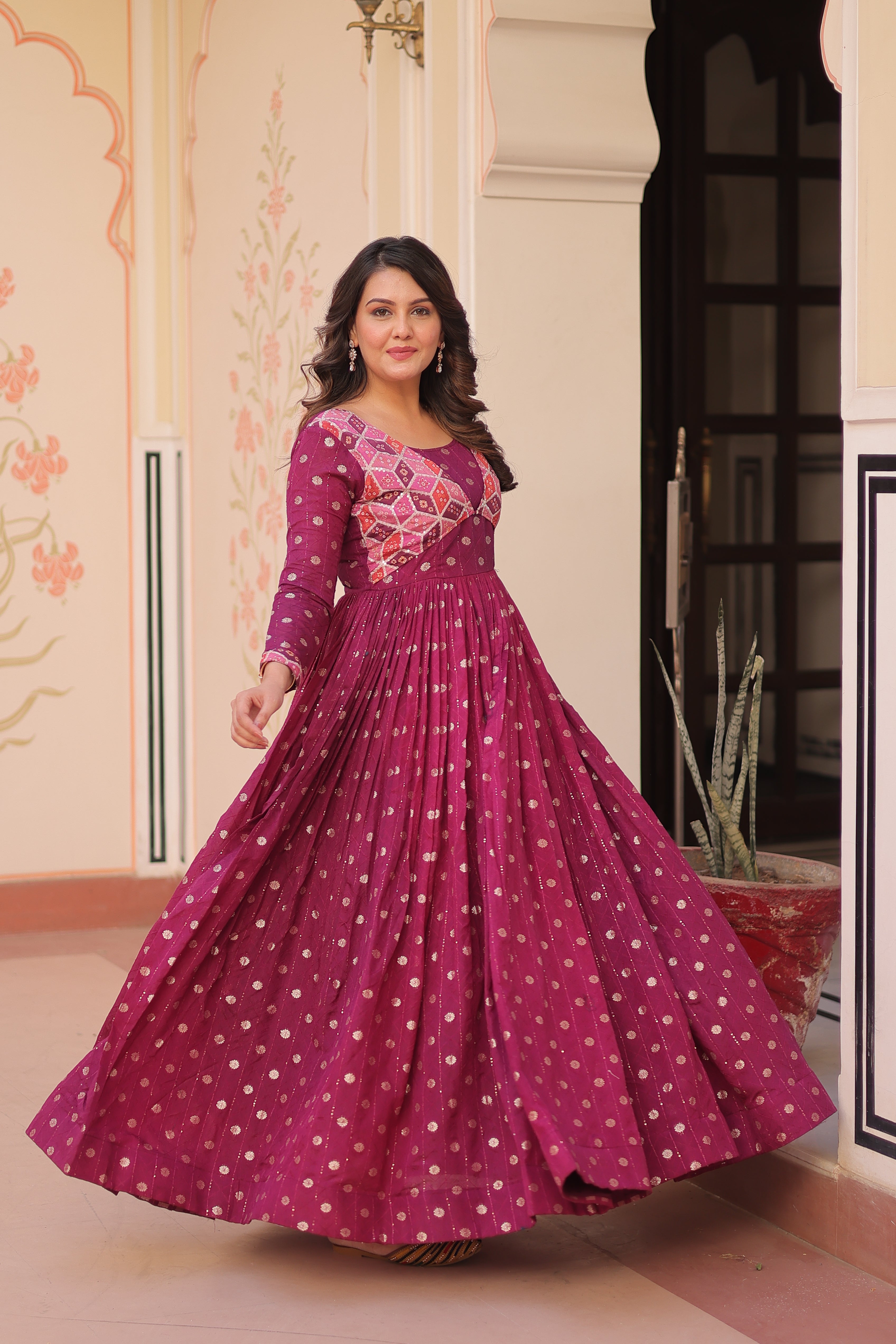 Premium Readymade Gown with Position Print Choli Design With Staple Jequard