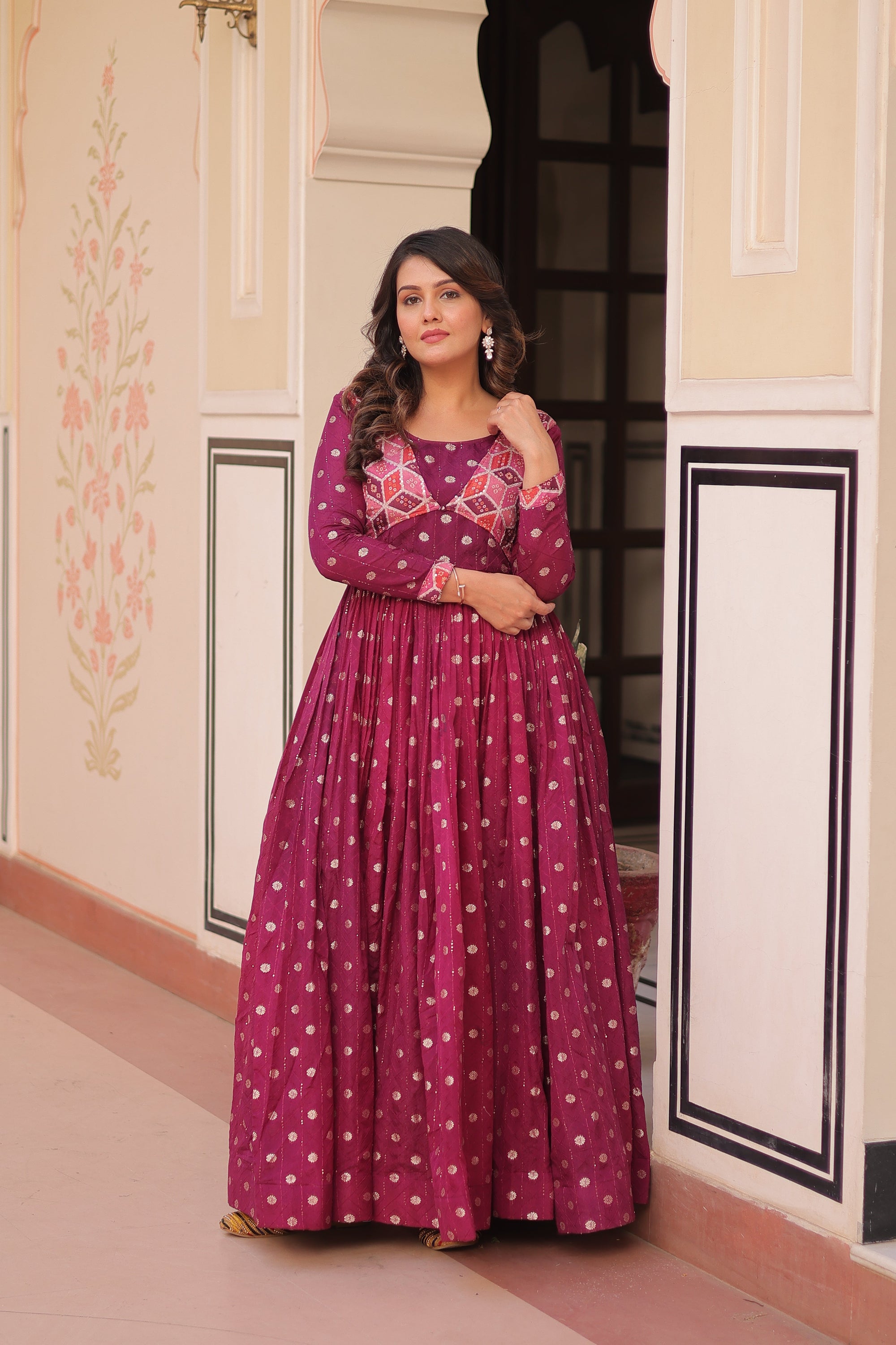 Premium Readymade Gown with Position Print Choli Design With Staple Jequard