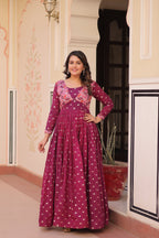 Premium Readymade Gown with Position Print Choli Design With Staple Jequard