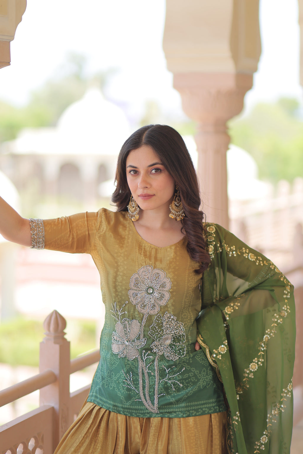 Mehandi Chinnon Print With Beads Embroidered Work Sharara Suit