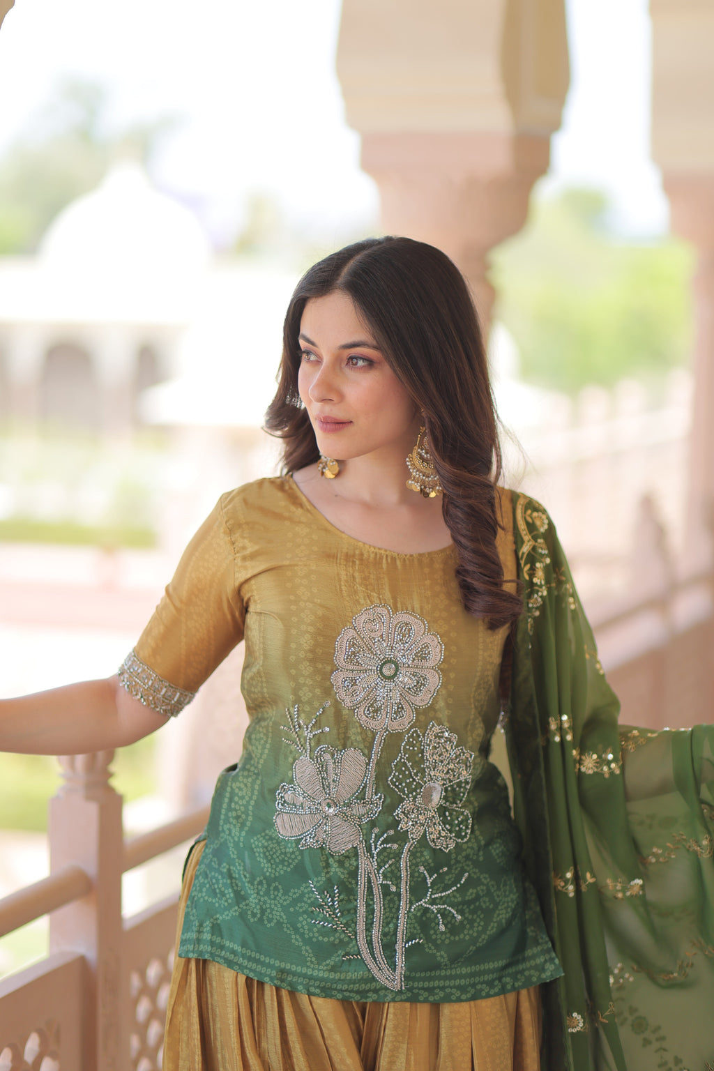 Mehandi Chinnon Print With Beads Embroidered Work Sharara Suit