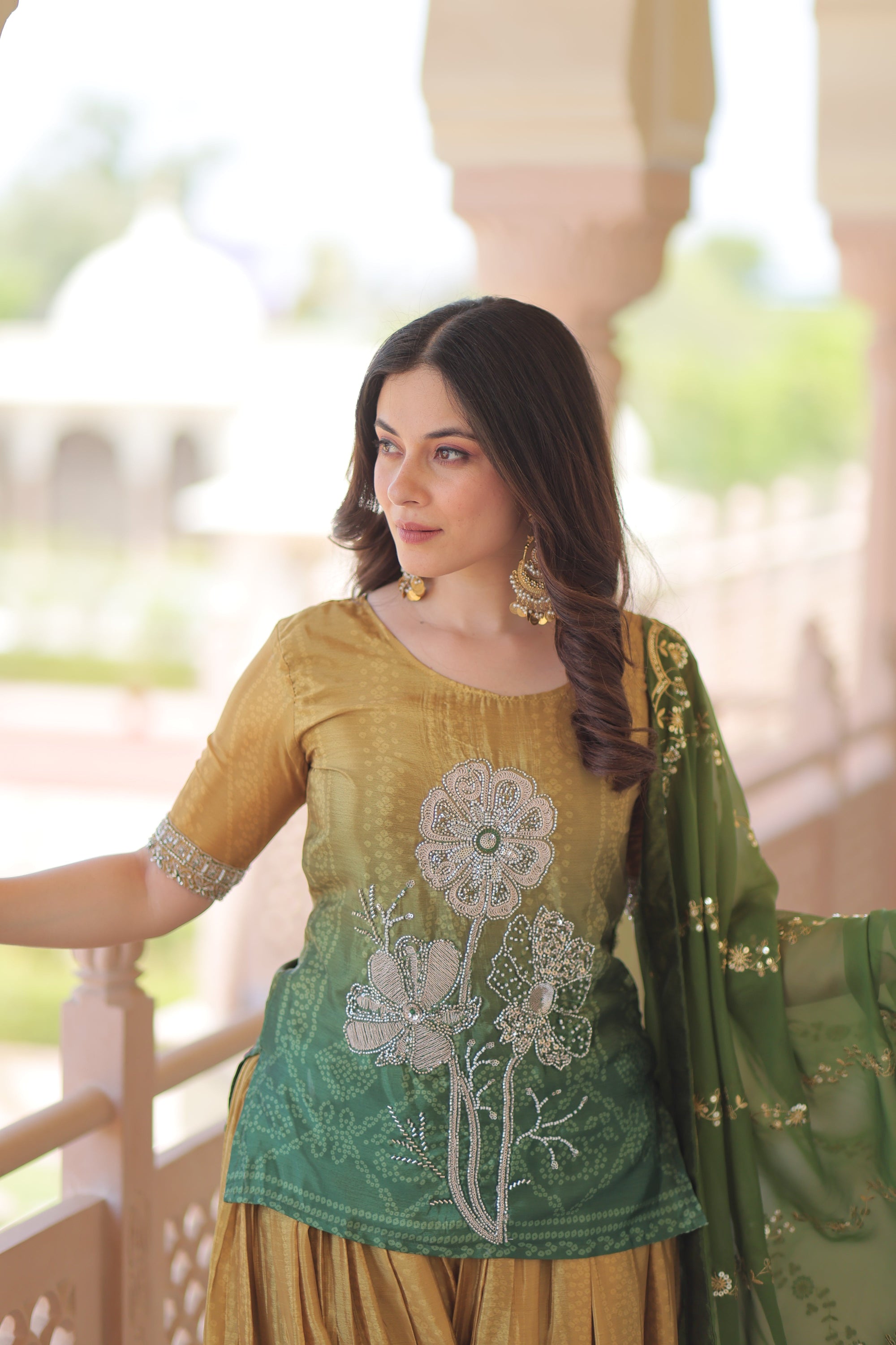 Mehandi Chinnon Print With Beads Embroidered Work Sharara Suit