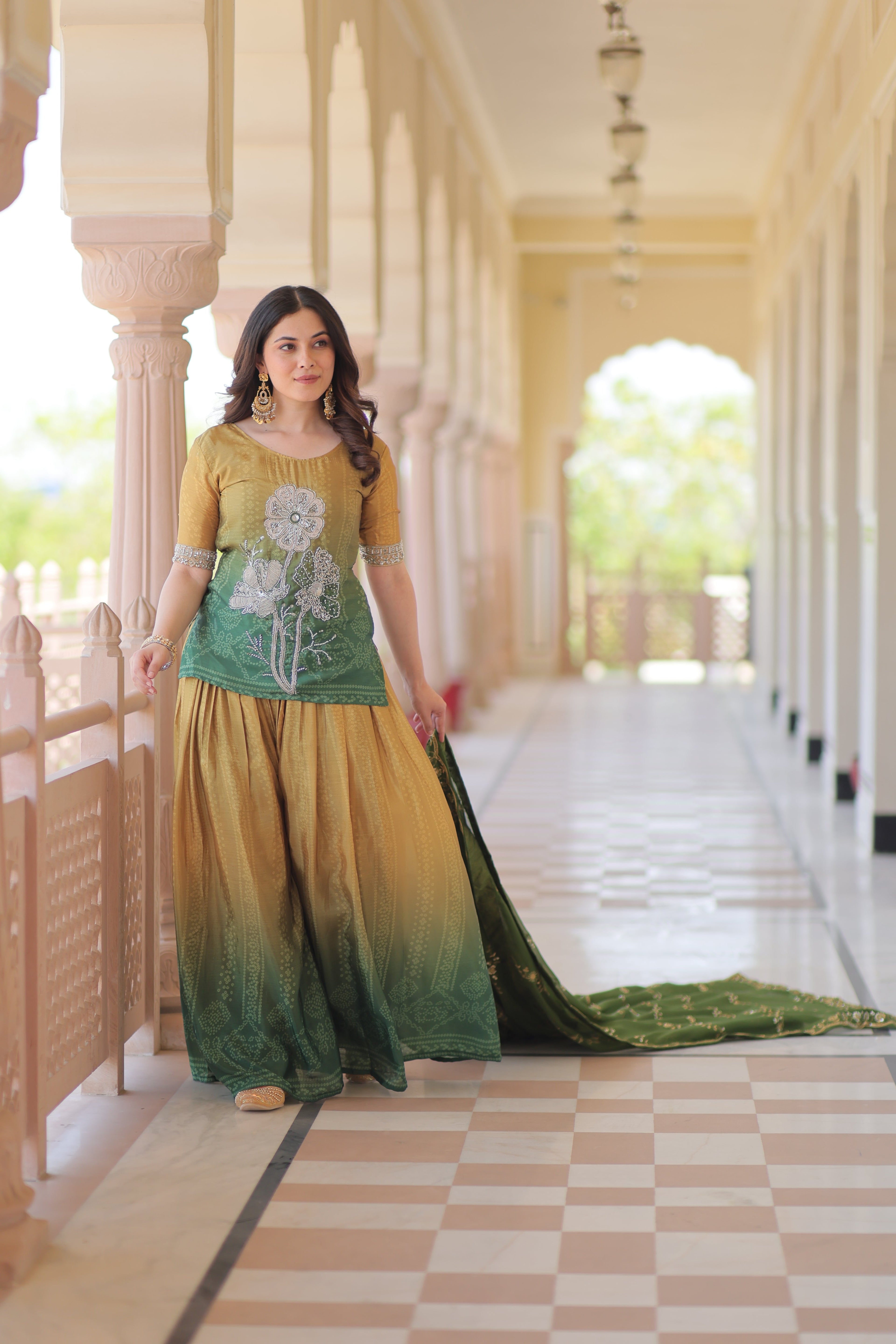 Mehandi Chinnon Print With Beads Embroidered Work Sharara Suit