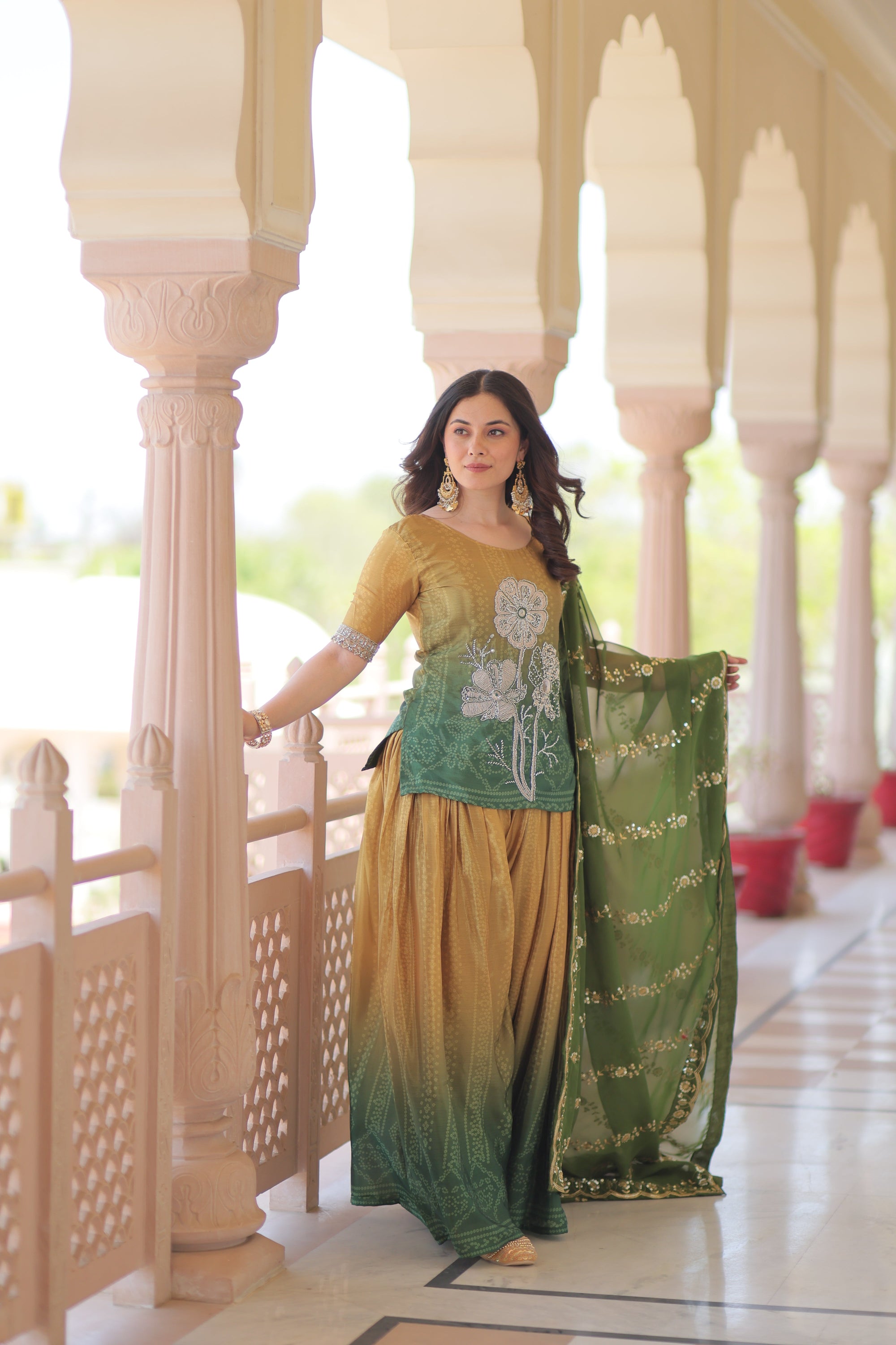 Mehandi Chinnon Print With Beads Embroidered Work Sharara Suit