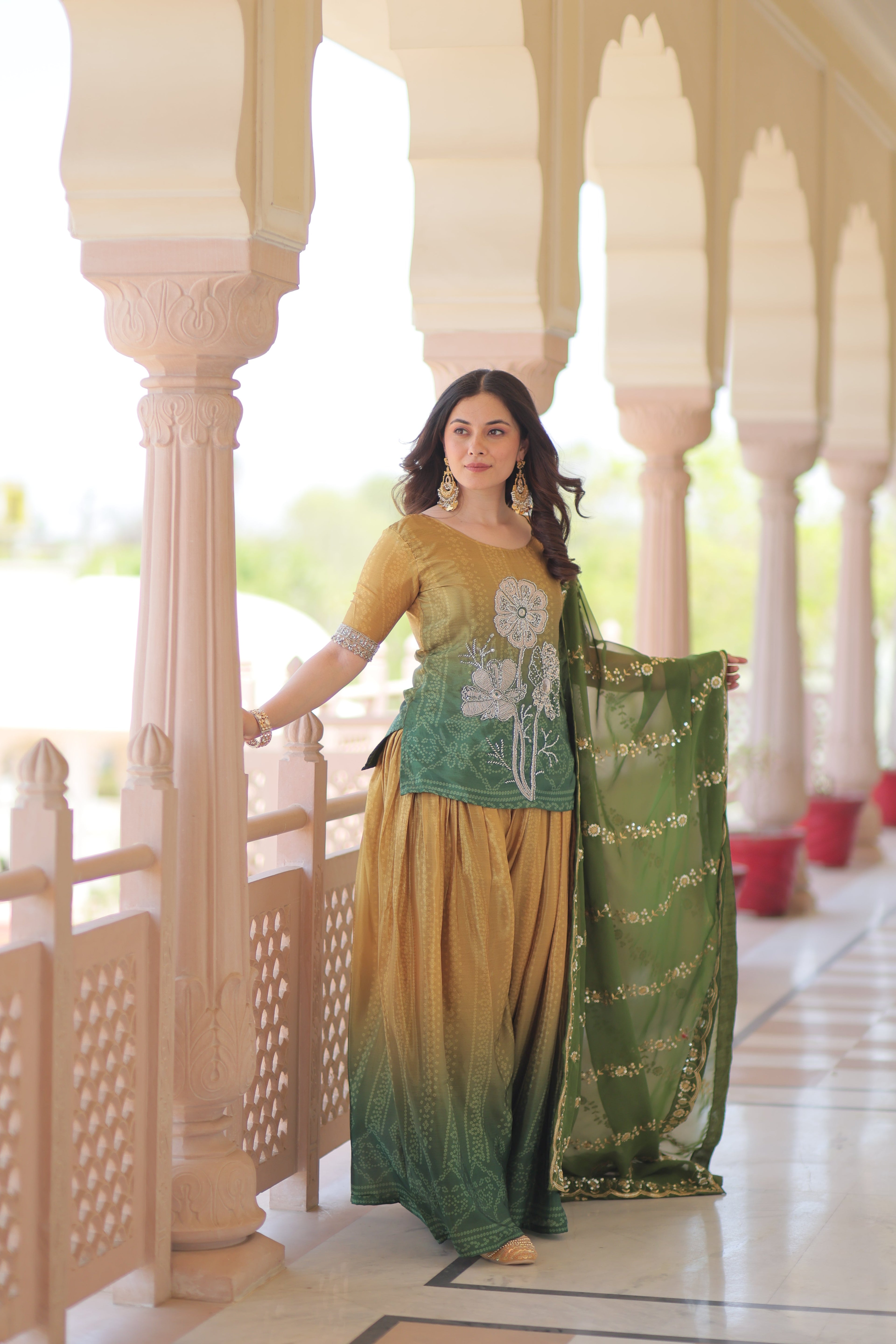 Mehandi Chinnon Print With Beads Embroidered Work Sharara Suit