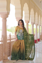 Mehandi Chinnon Print With Beads Embroidered Work Sharara Suit