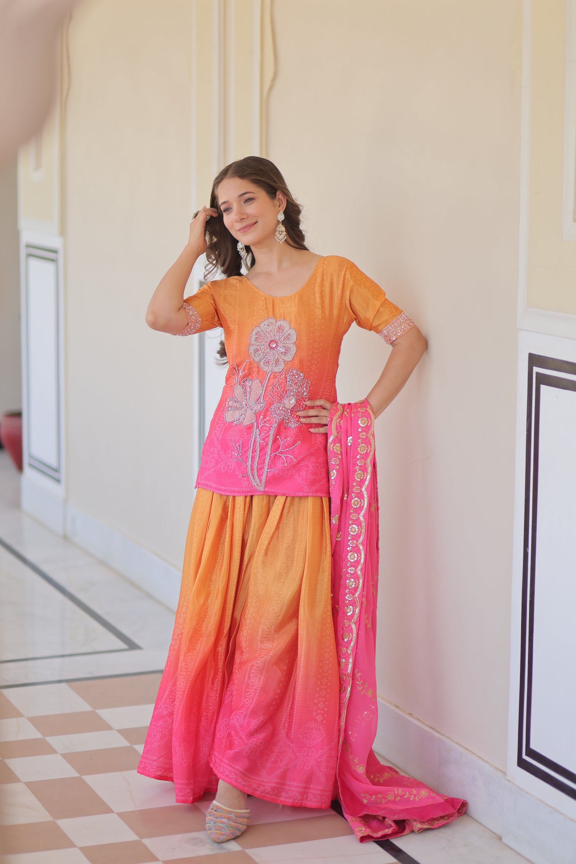 Pink Chinnon Print With Beads Embroidered Work Sharara Suit