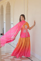 Pink Chinnon Print With Beads Embroidered Work Sharara Suit