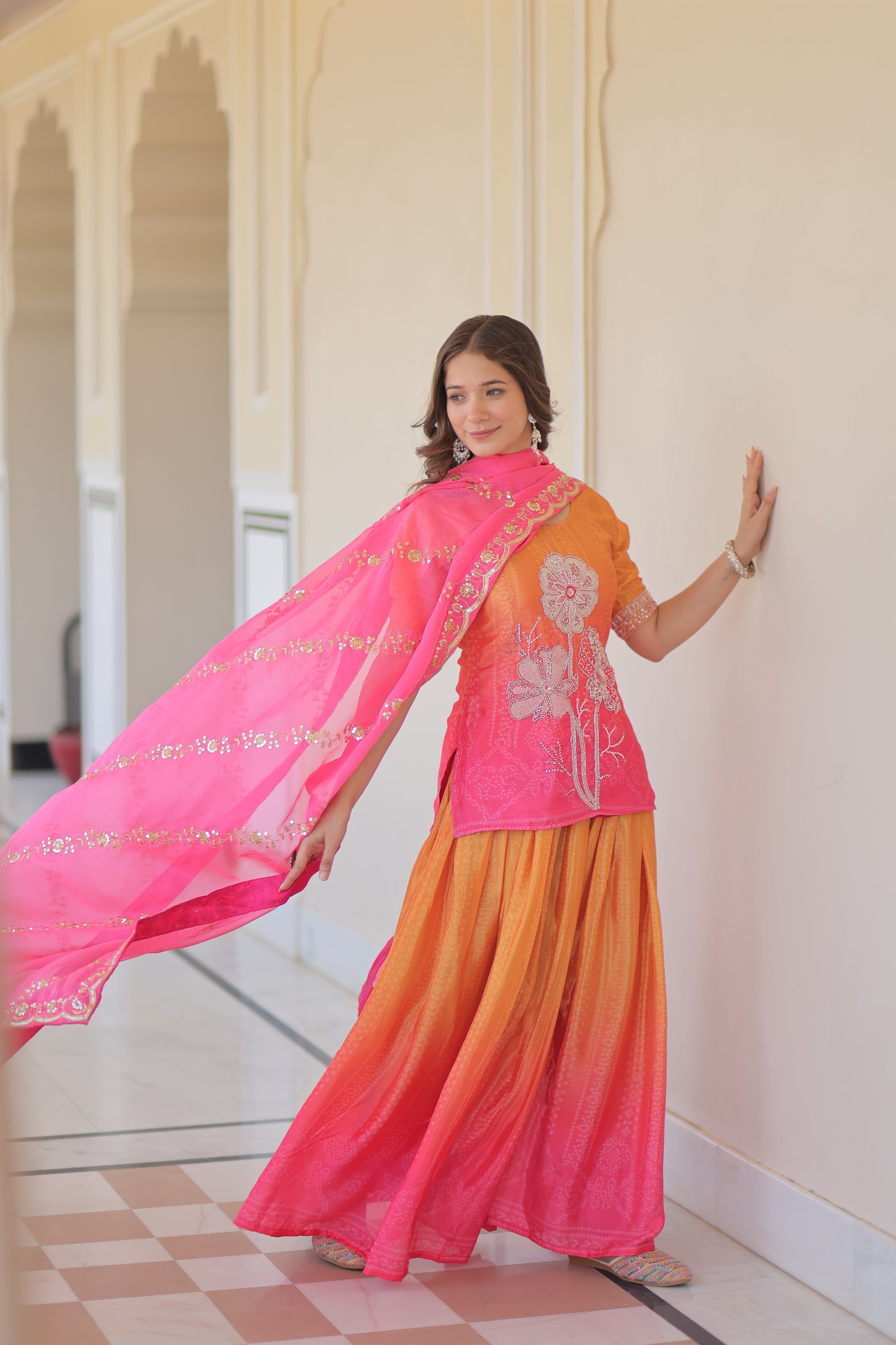 Pink Chinnon Print With Beads Embroidered Work Sharara Suit