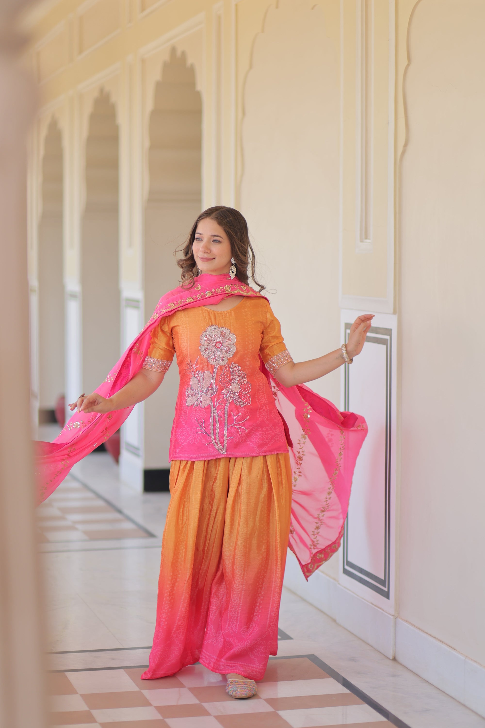 Pink Chinnon Print With Beads Embroidered Work Sharara Suit