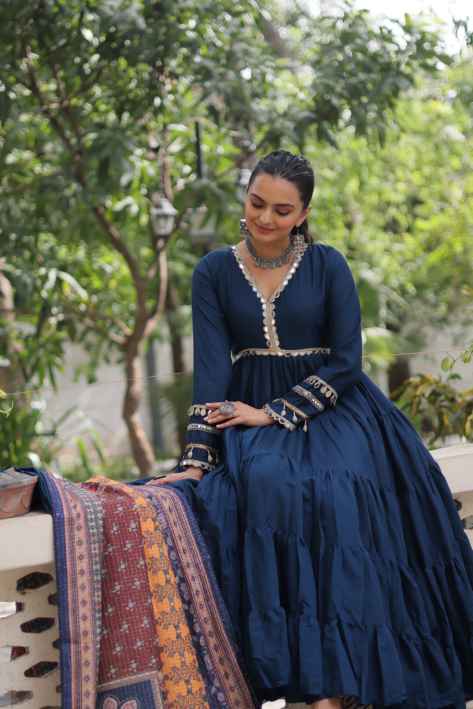 Spectacular Blue Border Work Rayon Festival Wear Gown With Dupatta