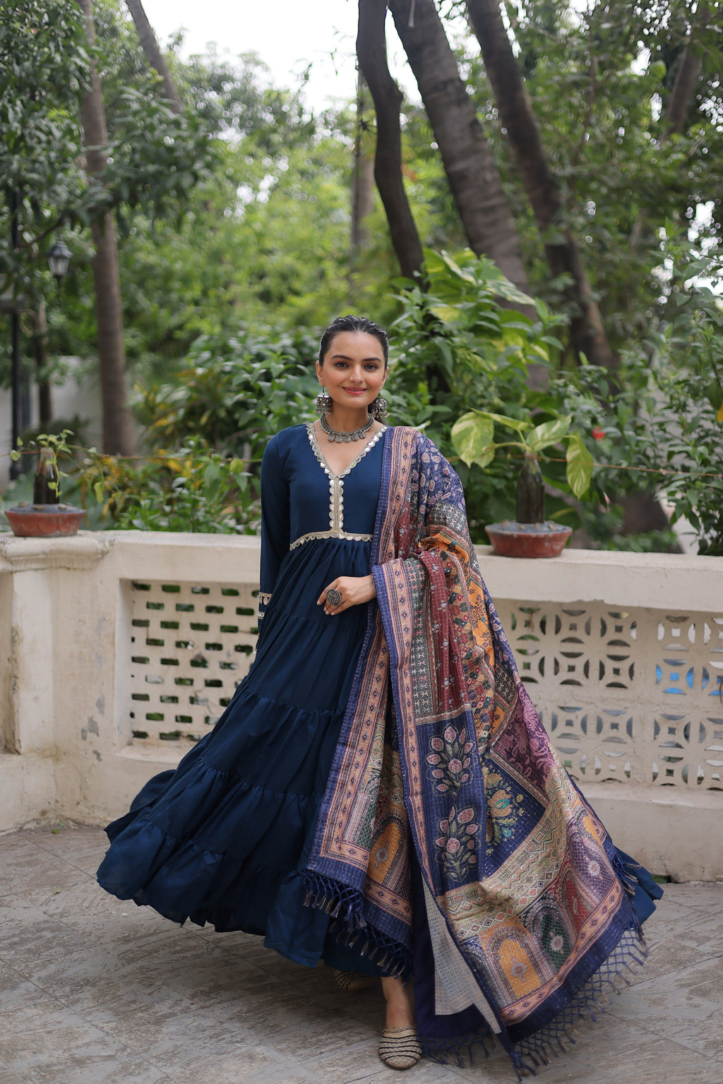 Spectacular Blue Border Work Rayon Festival Wear Gown With Dupatta