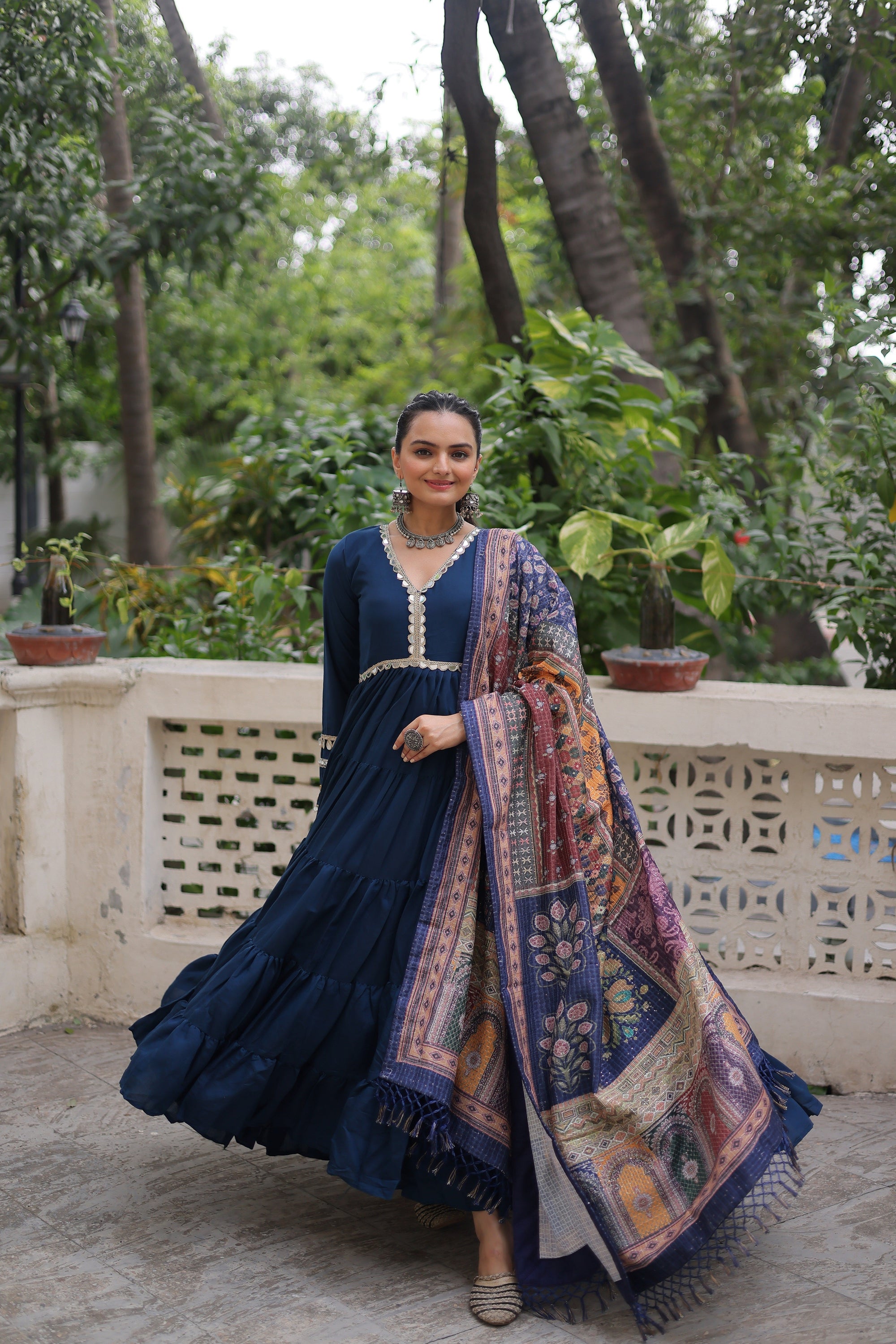 Spectacular Blue Border Work Rayon Festival Wear Gown With Dupatta
