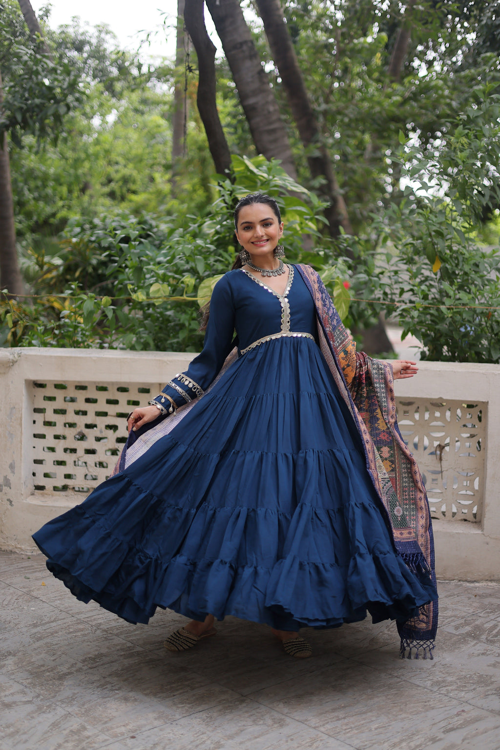 Spectacular Blue Border Work Rayon Festival Wear Gown With Dupatta