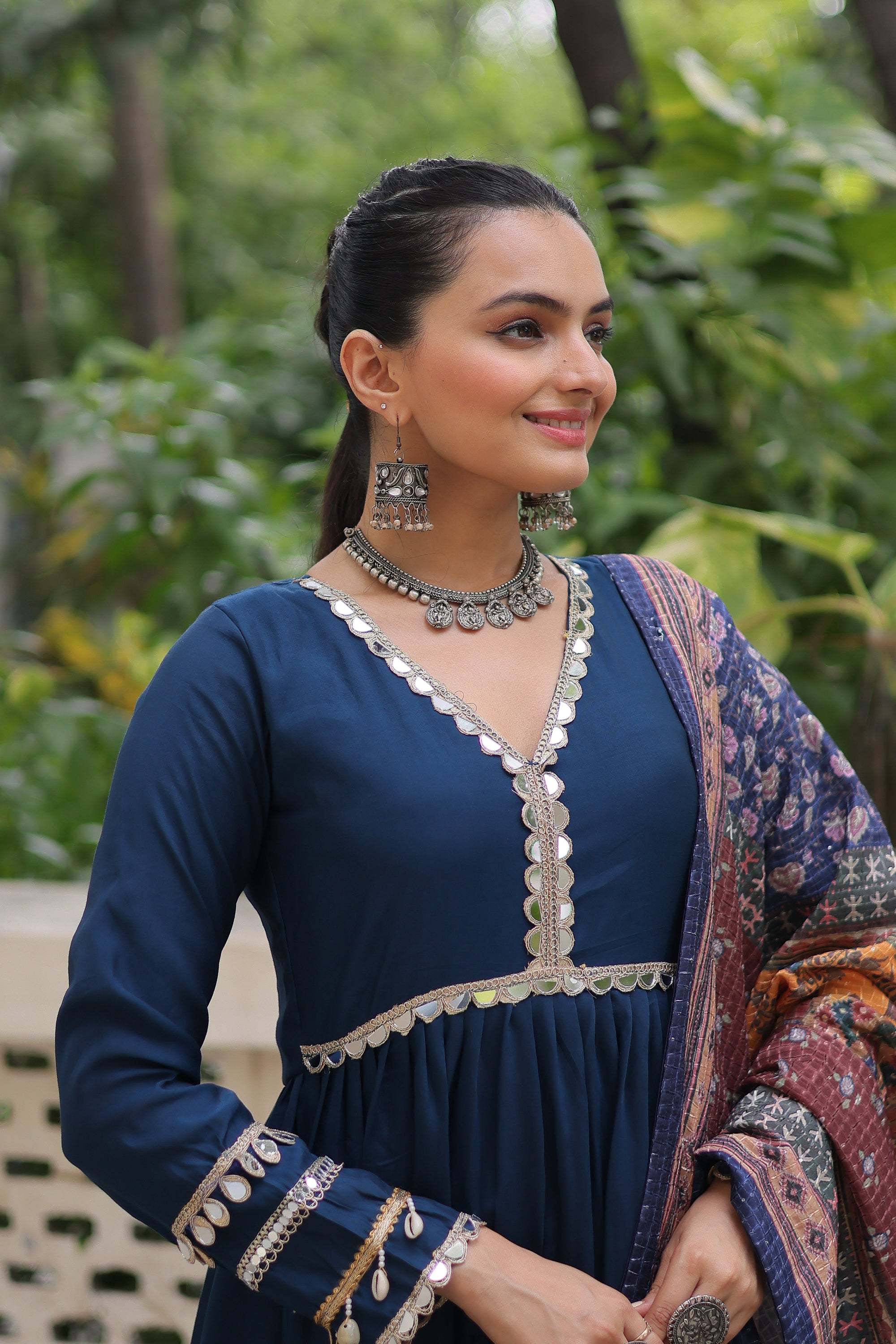 Spectacular Blue Border Work Rayon Festival Wear Gown With Dupatta