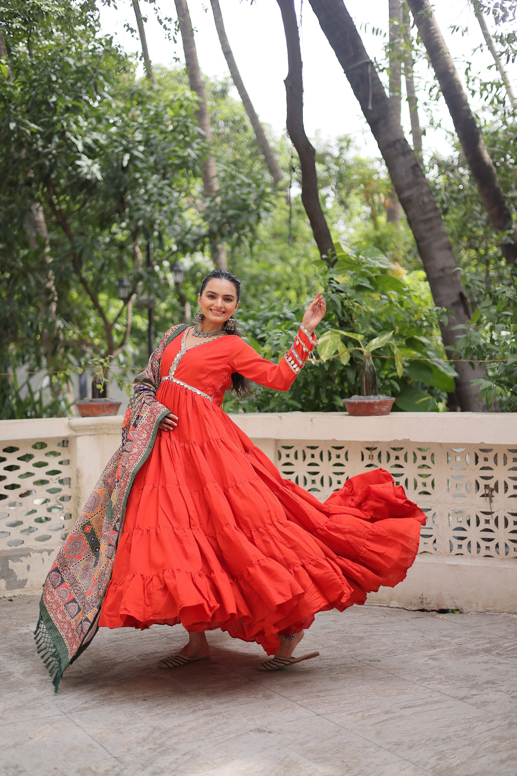 Good-looking Orange Rayon Festival Wear Gown With Printed Dupatta