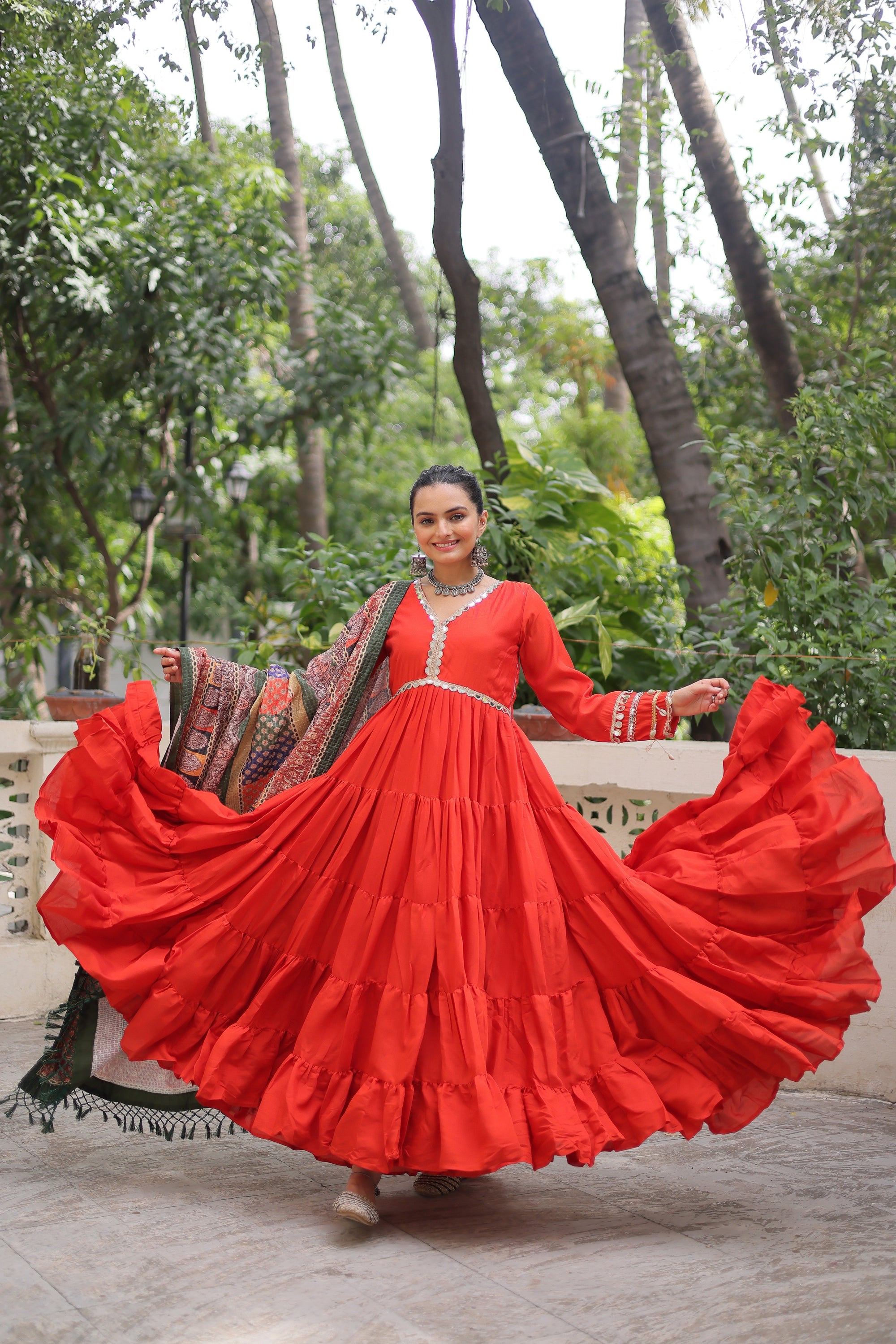 Good-looking Orange Rayon Festival Wear Gown With Printed Dupatta