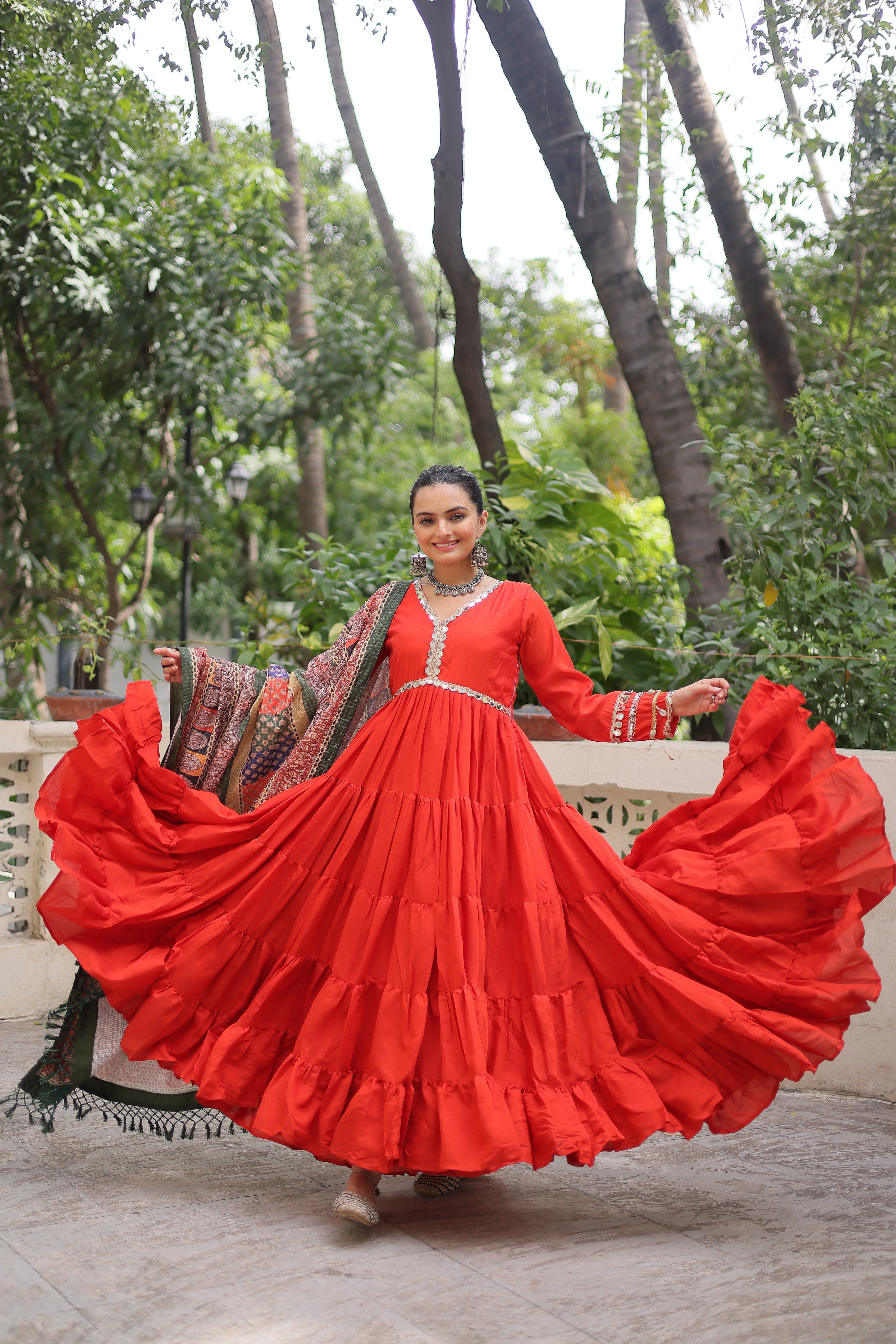 Good-looking Orange Rayon Festival Wear Gown With Printed Dupatta