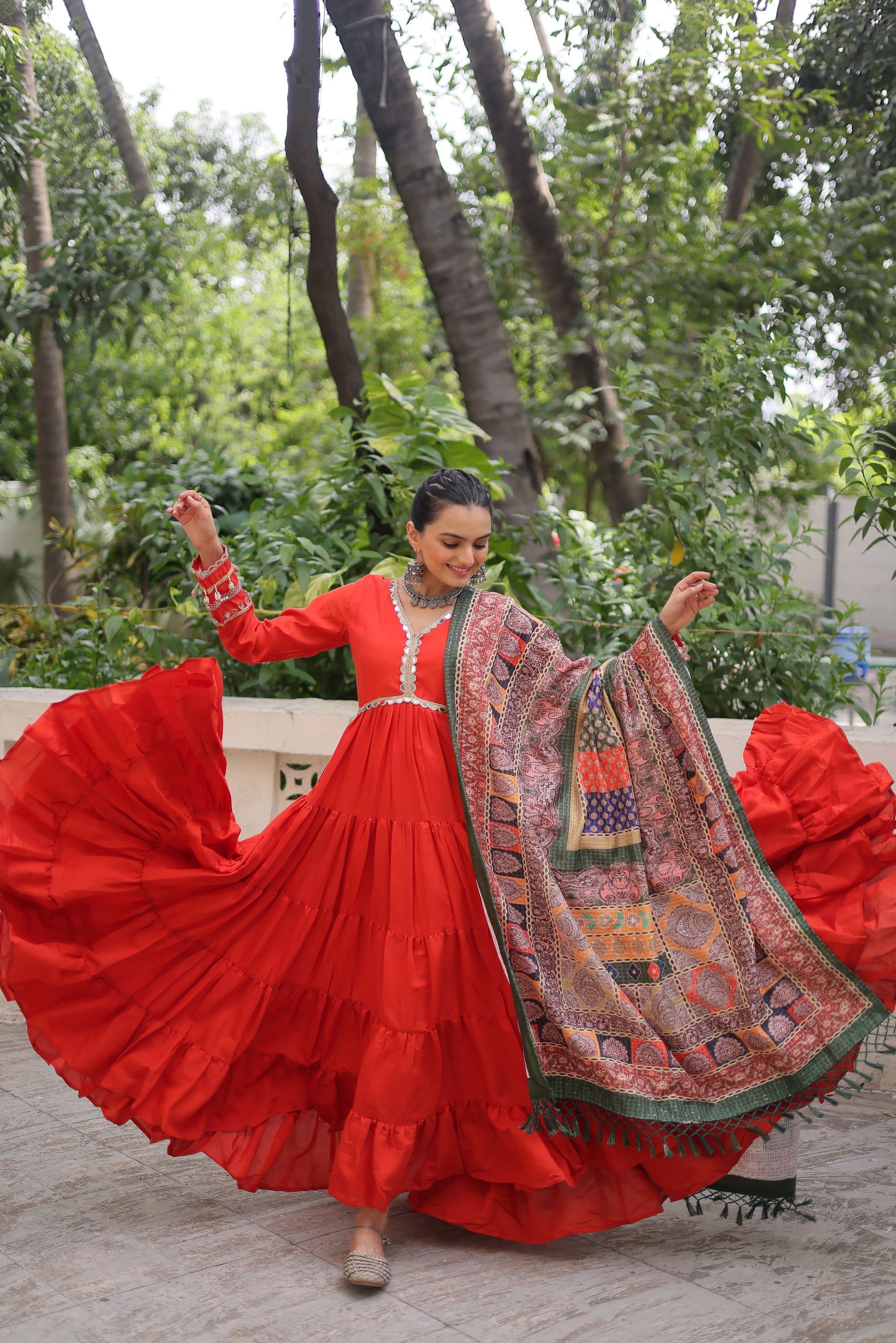 Good-looking Orange Rayon Festival Wear Gown With Printed Dupatta