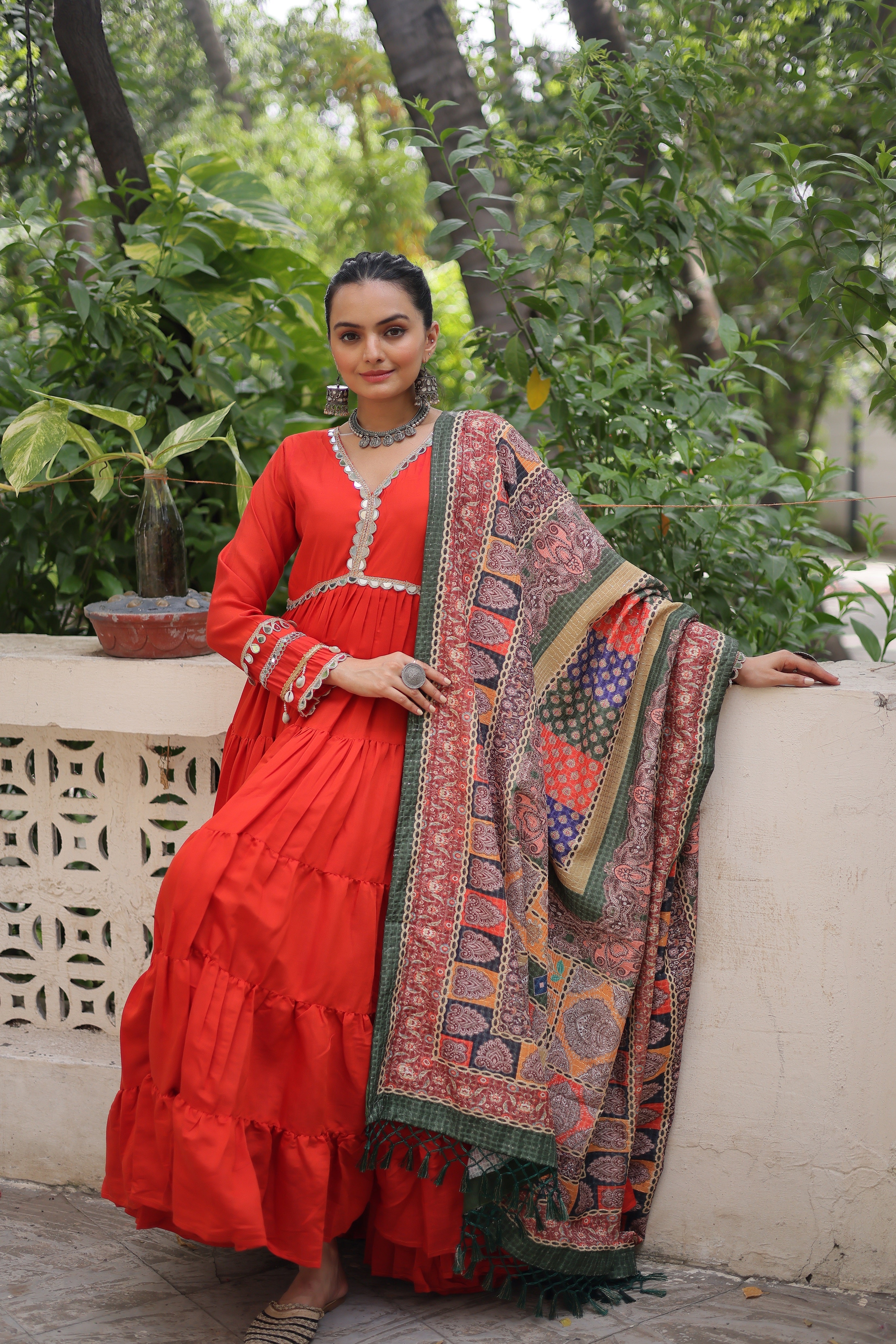 Good-looking Orange Rayon Festival Wear Gown With Printed Dupatta