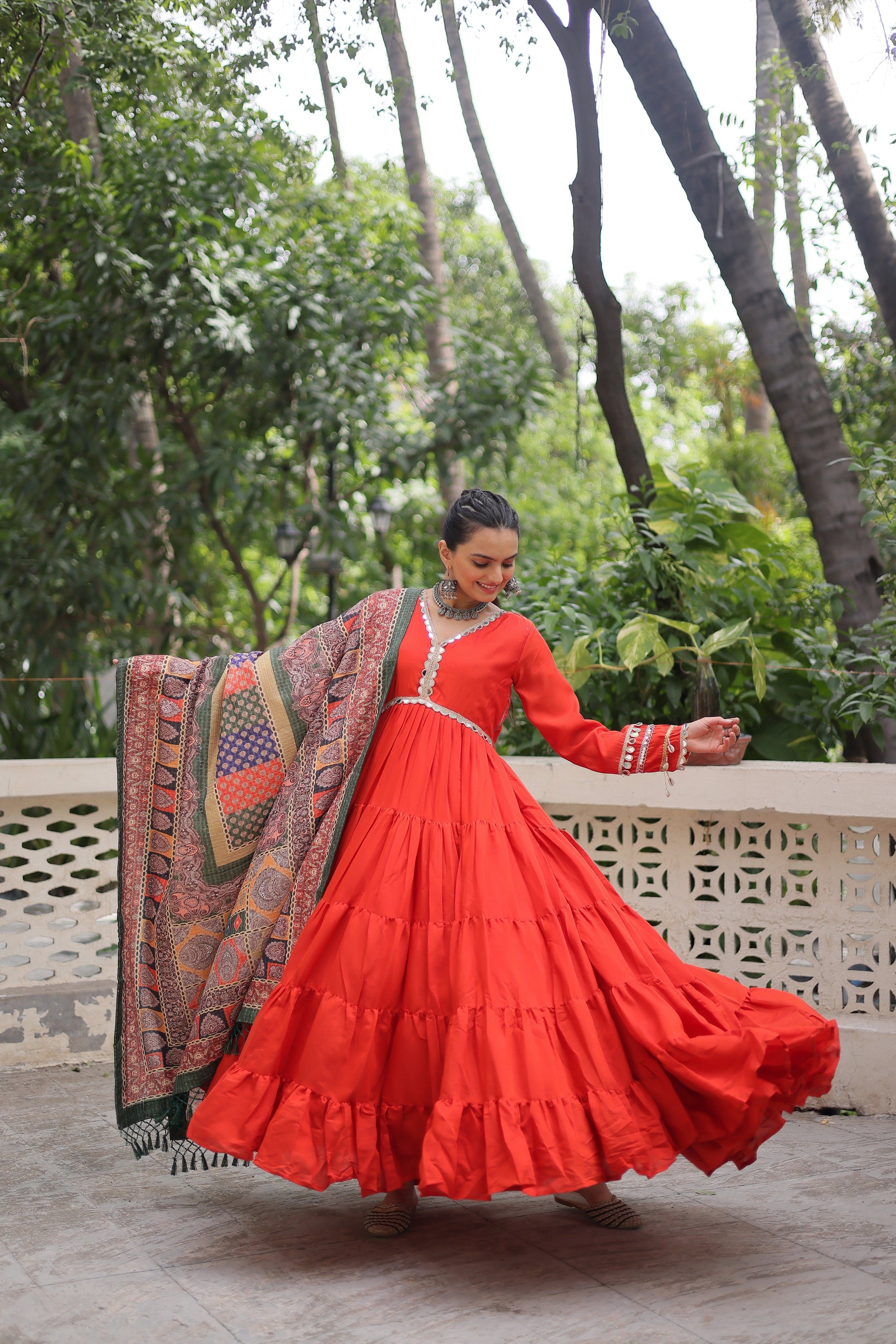 Good-looking Orange Rayon Festival Wear Gown With Printed Dupatta
