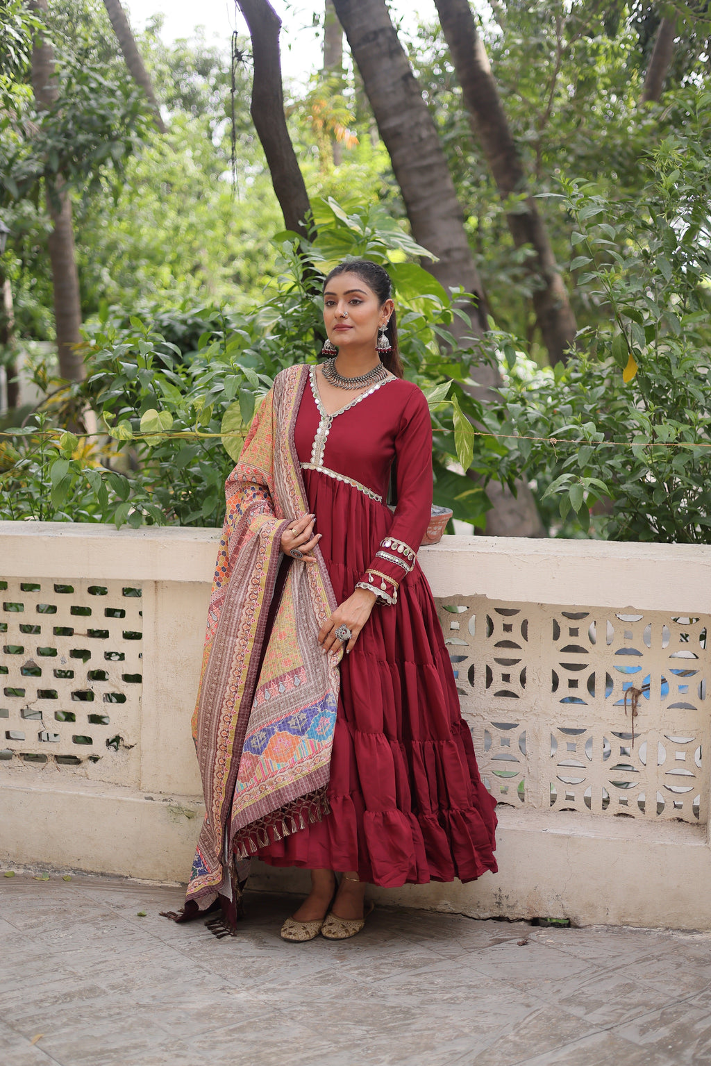 Appealing Maroon Lace Work Rayon Traditional Gown With Dupatta