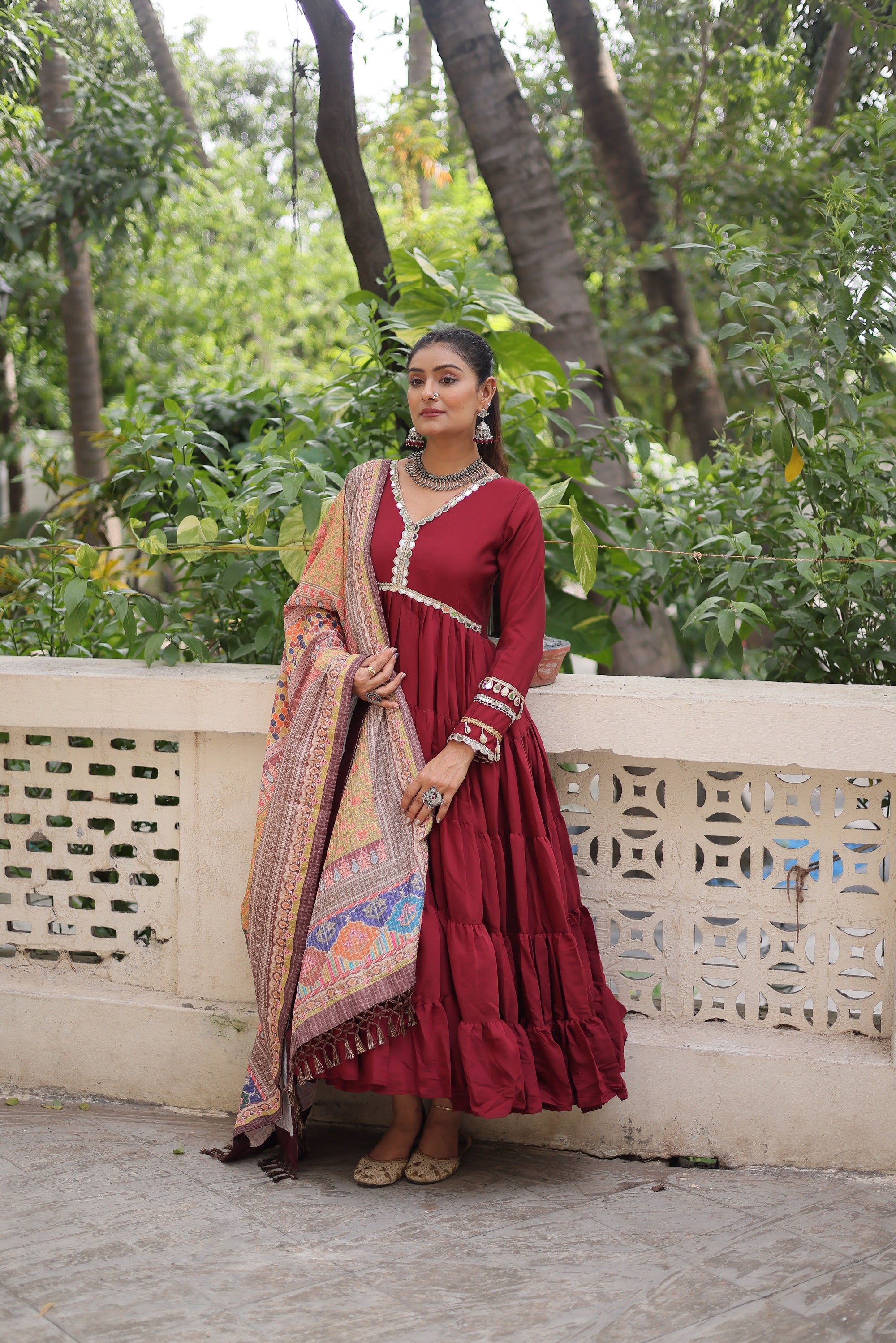 Appealing Maroon Lace Work Rayon Traditional Gown With Dupatta