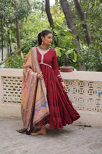 Appealing Maroon Lace Work Rayon Traditional Gown With Dupatta