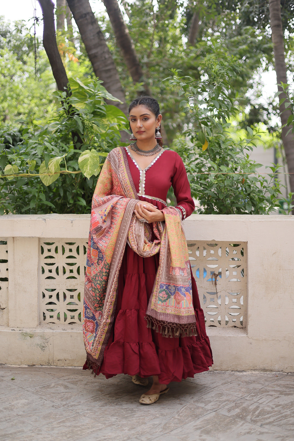Appealing Maroon Lace Work Rayon Traditional Gown With Dupatta