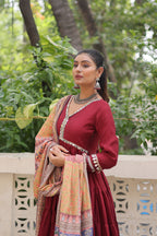 Appealing Maroon Lace Work Rayon Traditional Gown With Dupatta
