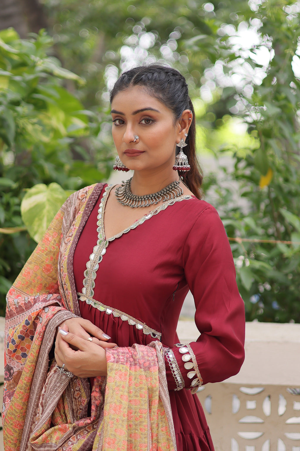 Appealing Maroon Lace Work Rayon Traditional Gown With Dupatta