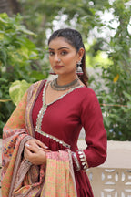 Appealing Maroon Lace Work Rayon Traditional Gown With Dupatta