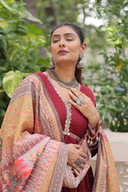 Appealing Maroon Lace Work Rayon Traditional Gown With Dupatta