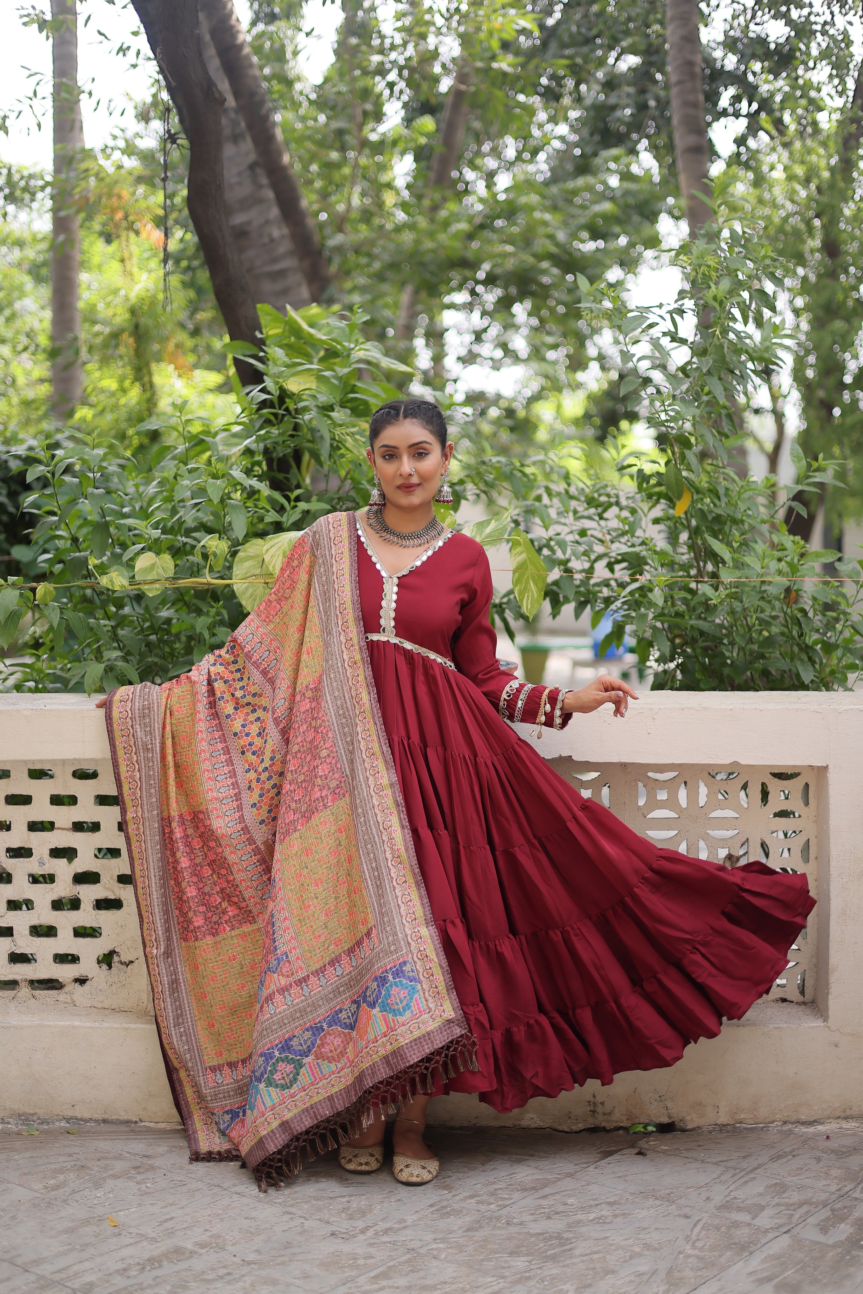 Appealing Maroon Lace Work Rayon Traditional Gown With Dupatta