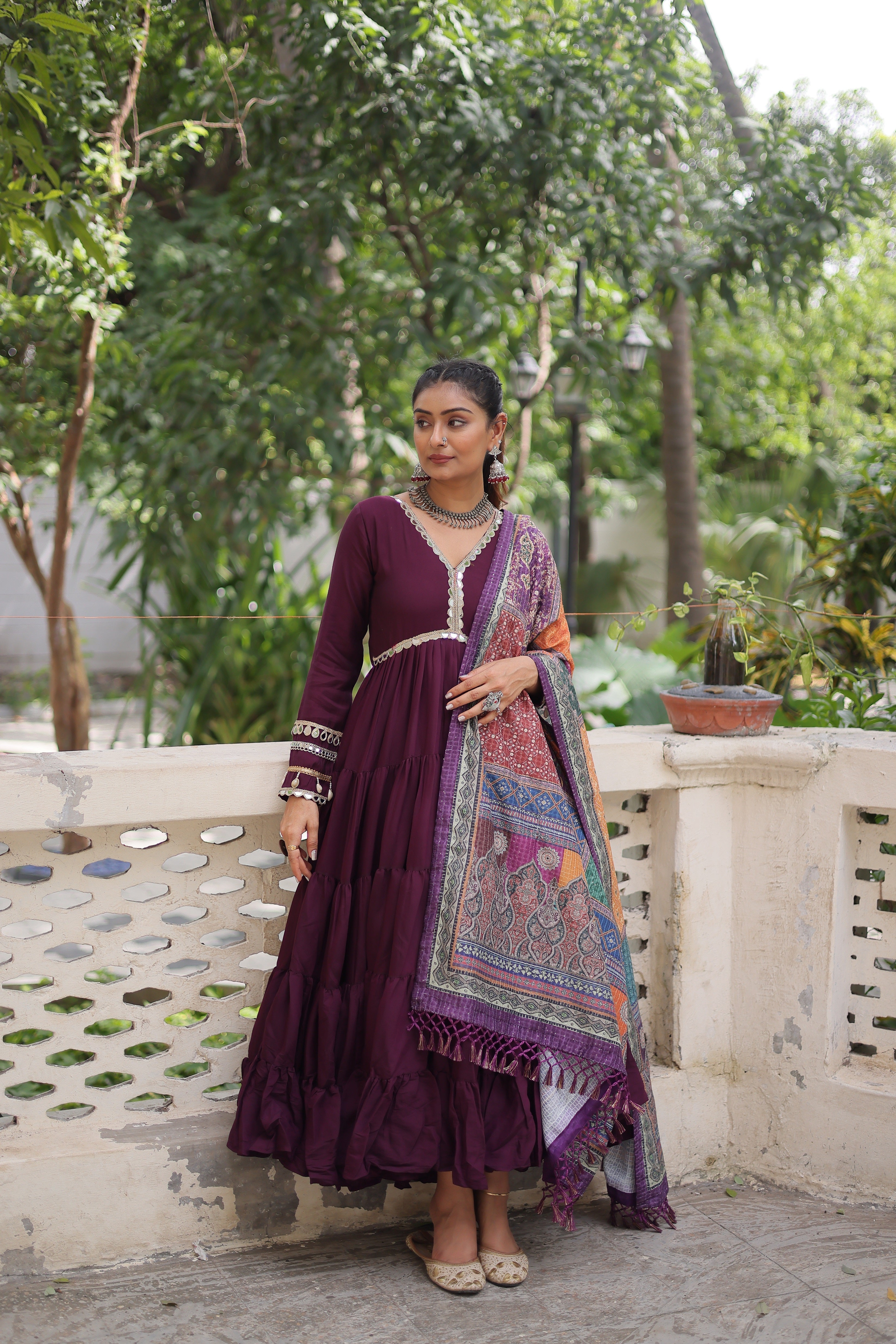 Awesome Wine Rayon Traditional Gown With Digital Printed Dupatta