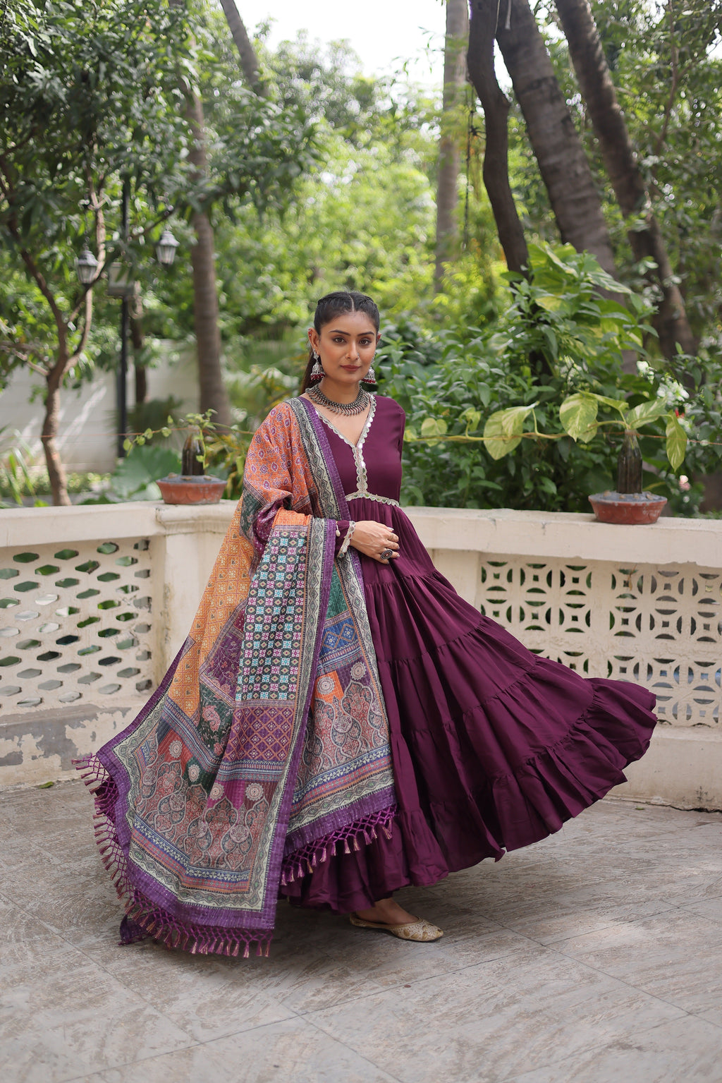 Awesome Wine Rayon Traditional Gown With Digital Printed Dupatta