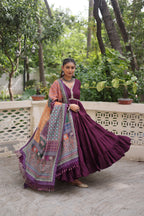 Awesome Wine Rayon Traditional Gown With Digital Printed Dupatta