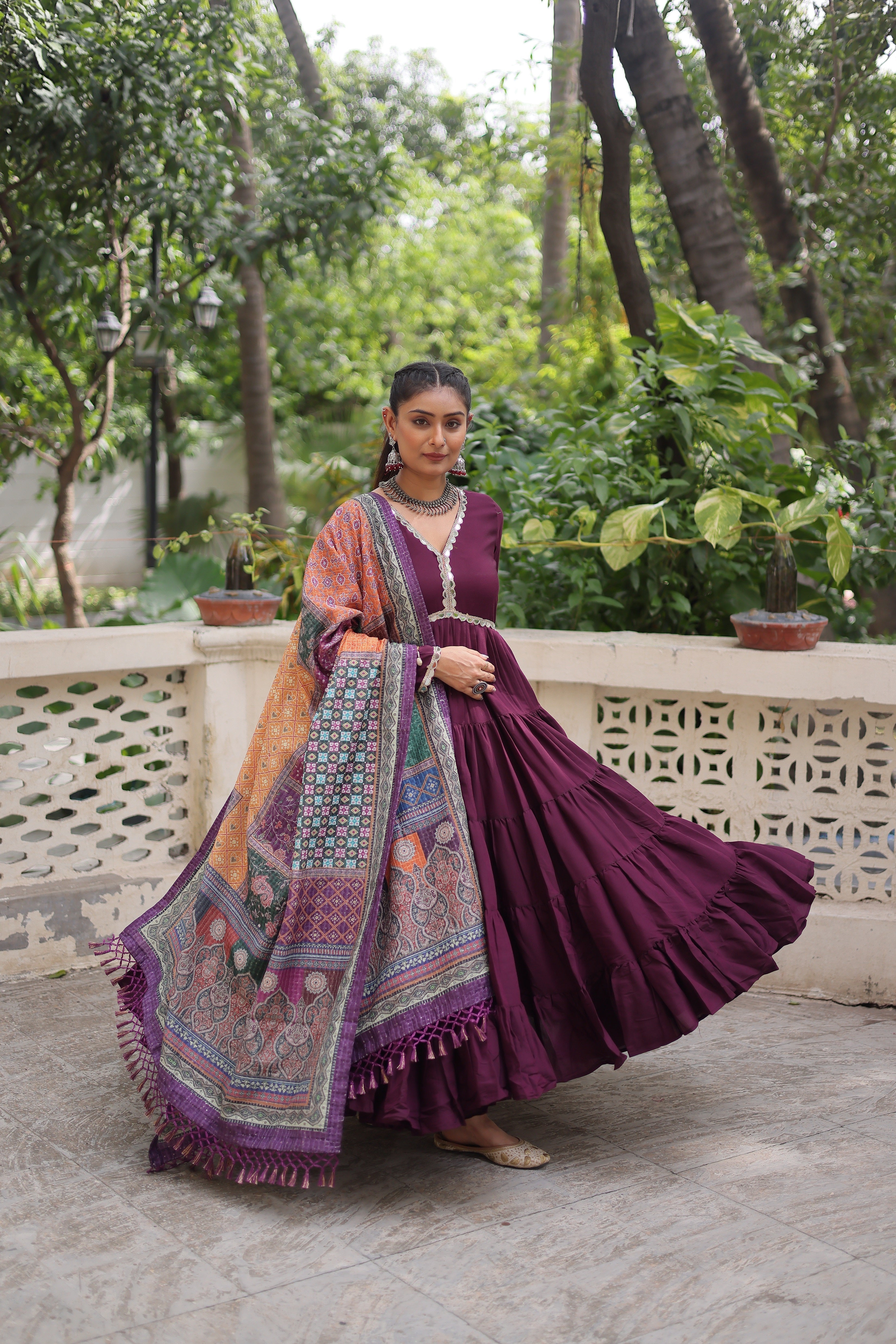 Awesome Wine Rayon Traditional Gown With Digital Printed Dupatta